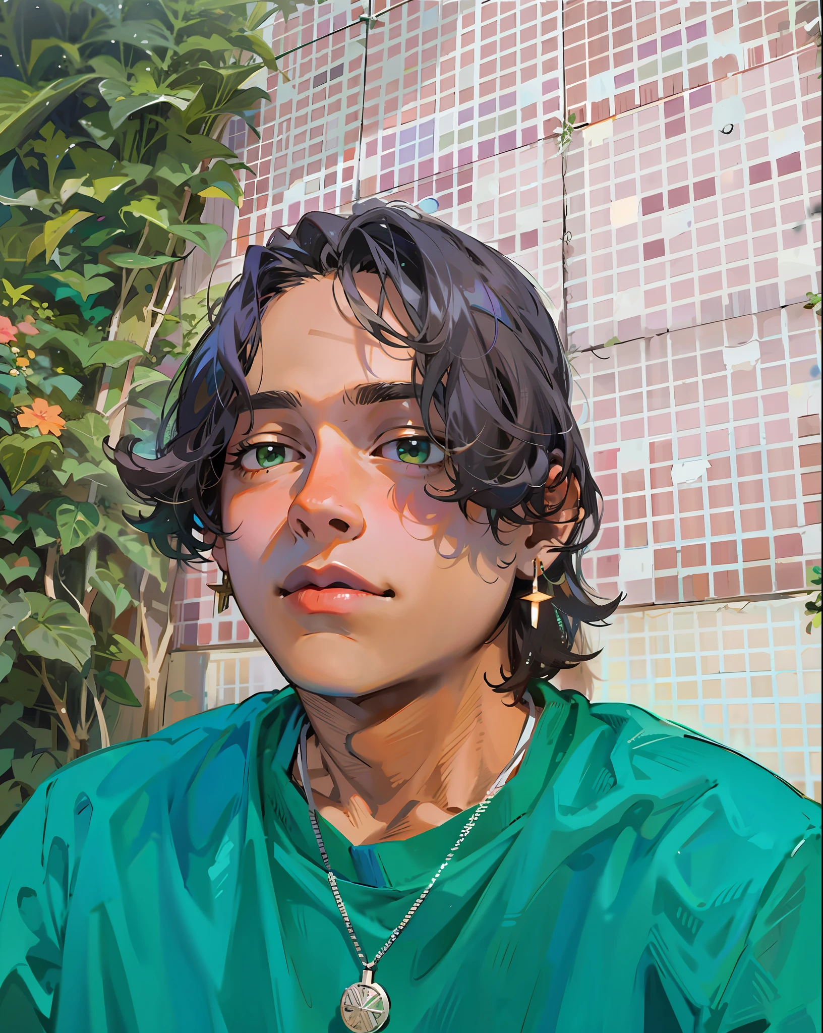 A boy in earring and green clothes, necklace and animated