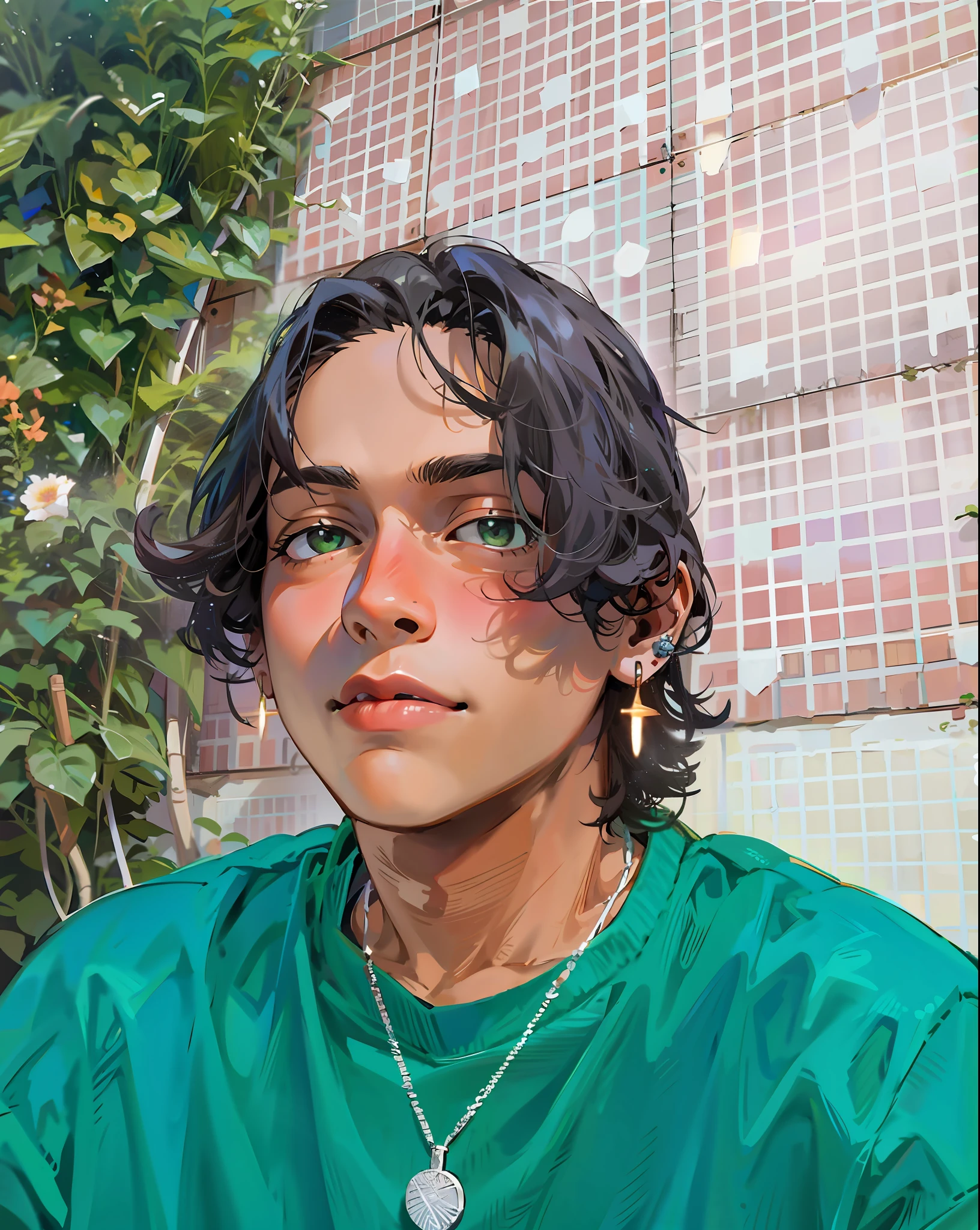 A boy in earring and green clothes, necklace and animated