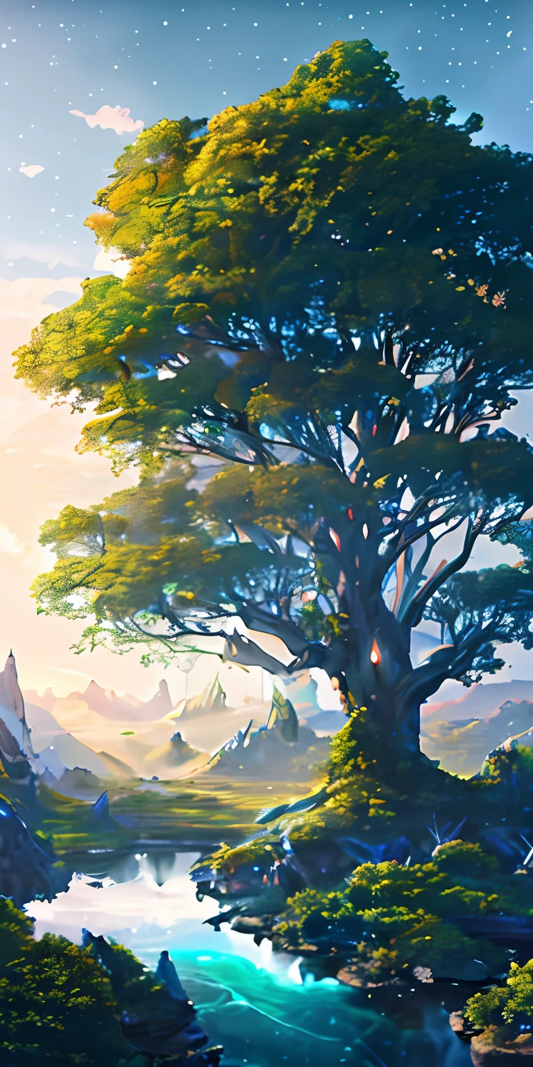 Best quality,masterpiece,ultra high res,nu no humans, (long:1.2),tree, teeth, sharp teeth, blue eyes, cloud, outdoors, 1other, fantasy, horns, sky, fog, open mouth, monster, scenery