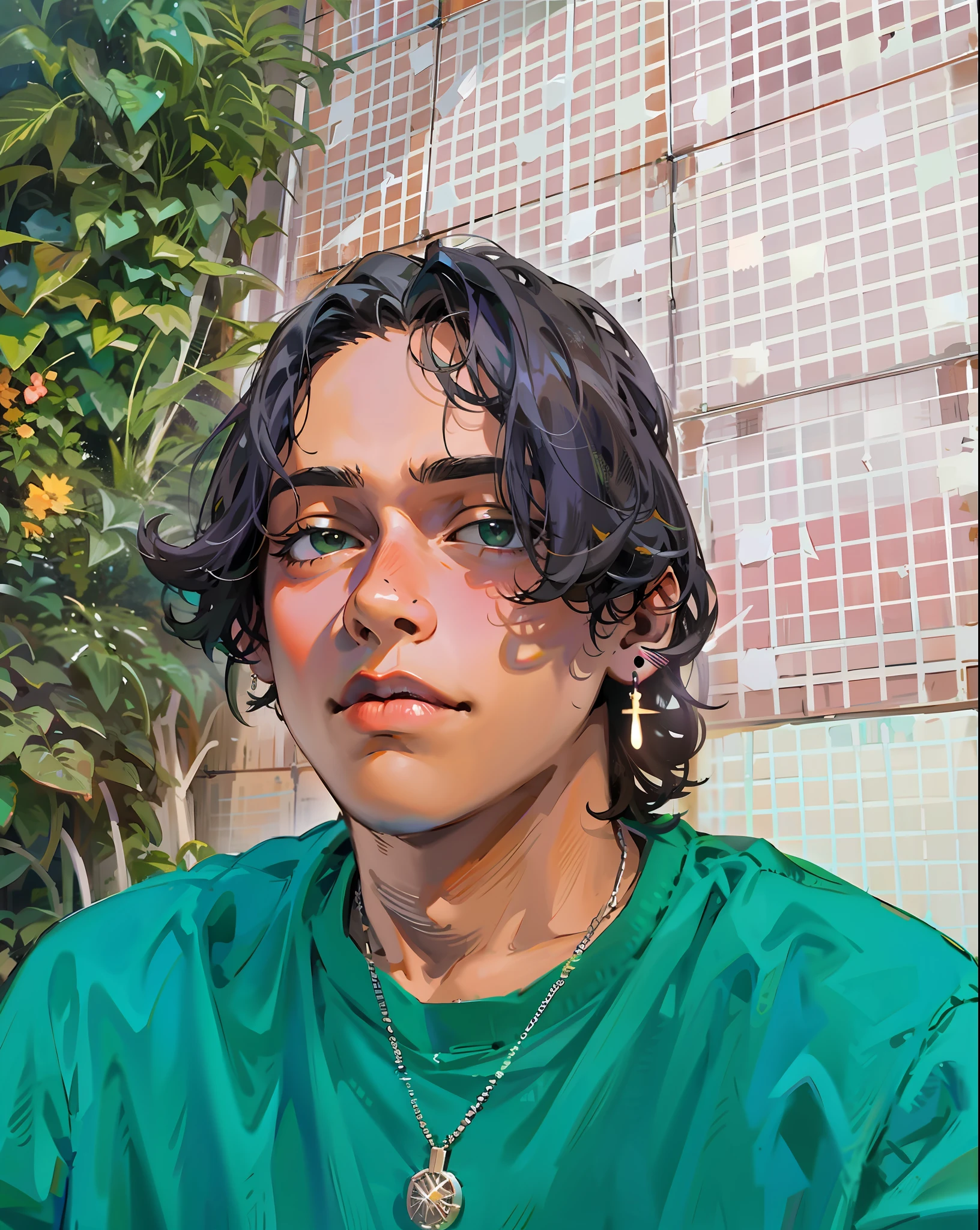 A boy in earring and green clothes, necklace and animated