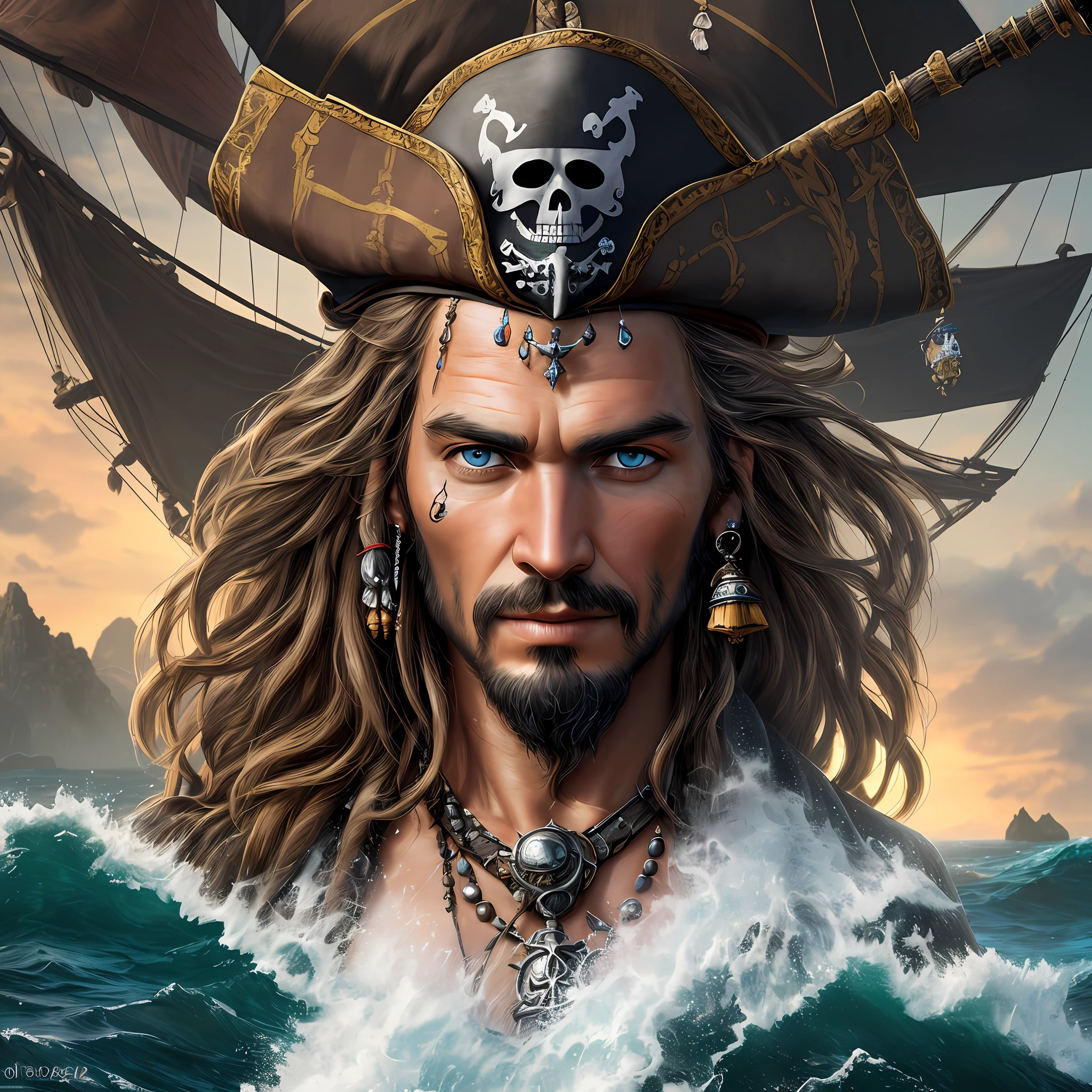 (realism), (masterpiece: 1.2), (best quality), (ultra detailed), (8k, 4k, intricate), pirates of the caribbean, island, ship, (detailed), light particles, lighting, (highly detailed: 1.2), (detailed face: 1.2), (gradients), sfw, colorful,(detailed eyes:1.2)(detailed background),detailed landscape