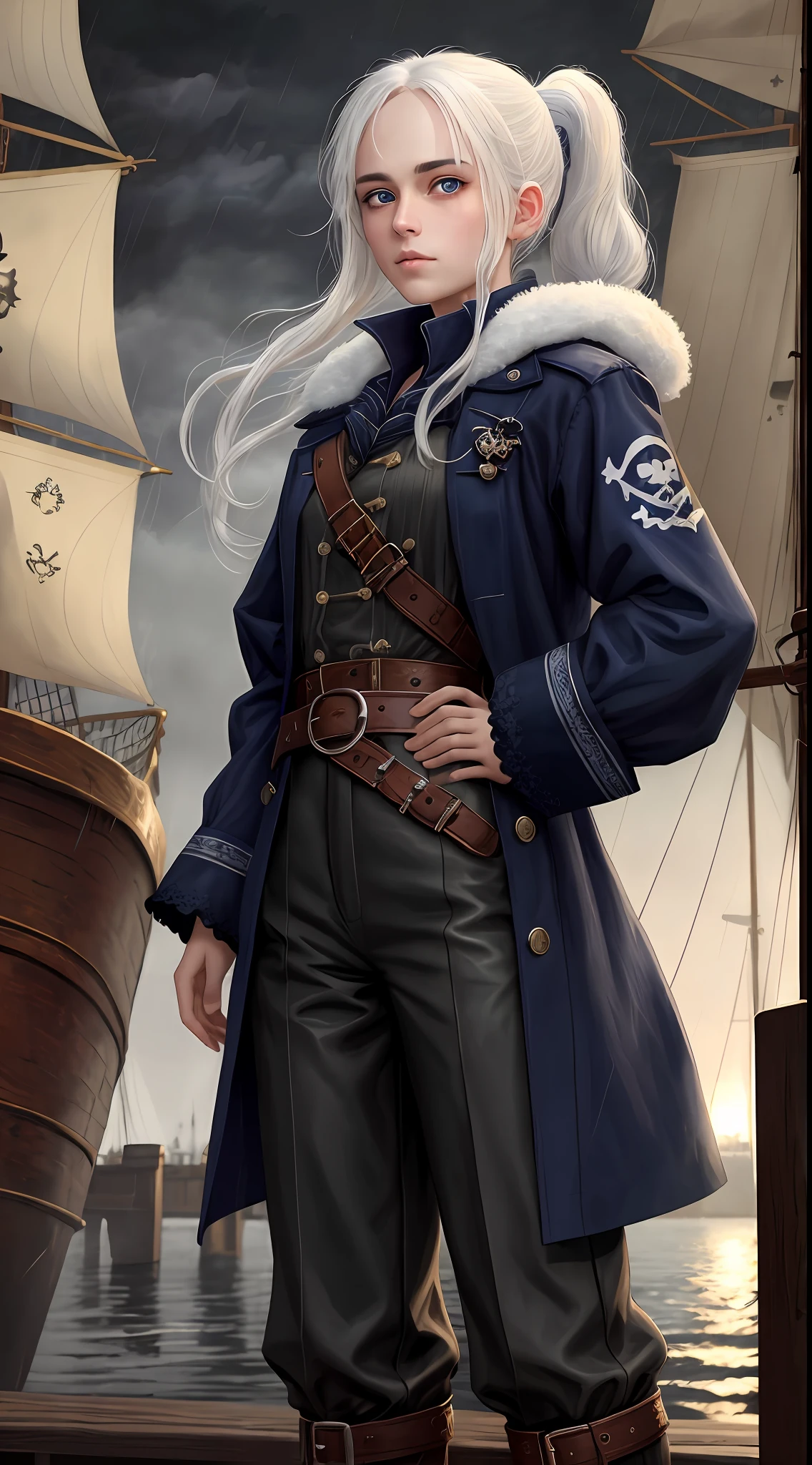 medieval, (pirate:1.2), 1girl, with navy blue coat, belts, straps pants, standing on the docks, in a (crowd of sailors:1.1), leather and fur, winter, cold weather, working, beautiful, cloudy sky, bright morning light, (foggy:1.1), (raining:1.1), (masterpiece:1.2), (illustration:1.1), (best quality:1.2), (detailed), (intricate), (8k) ,(HDR), (wallpaper) ,(cinematic lighting) ,(sharp focus), white hair, pony tail, azure eyes, (Pale)
