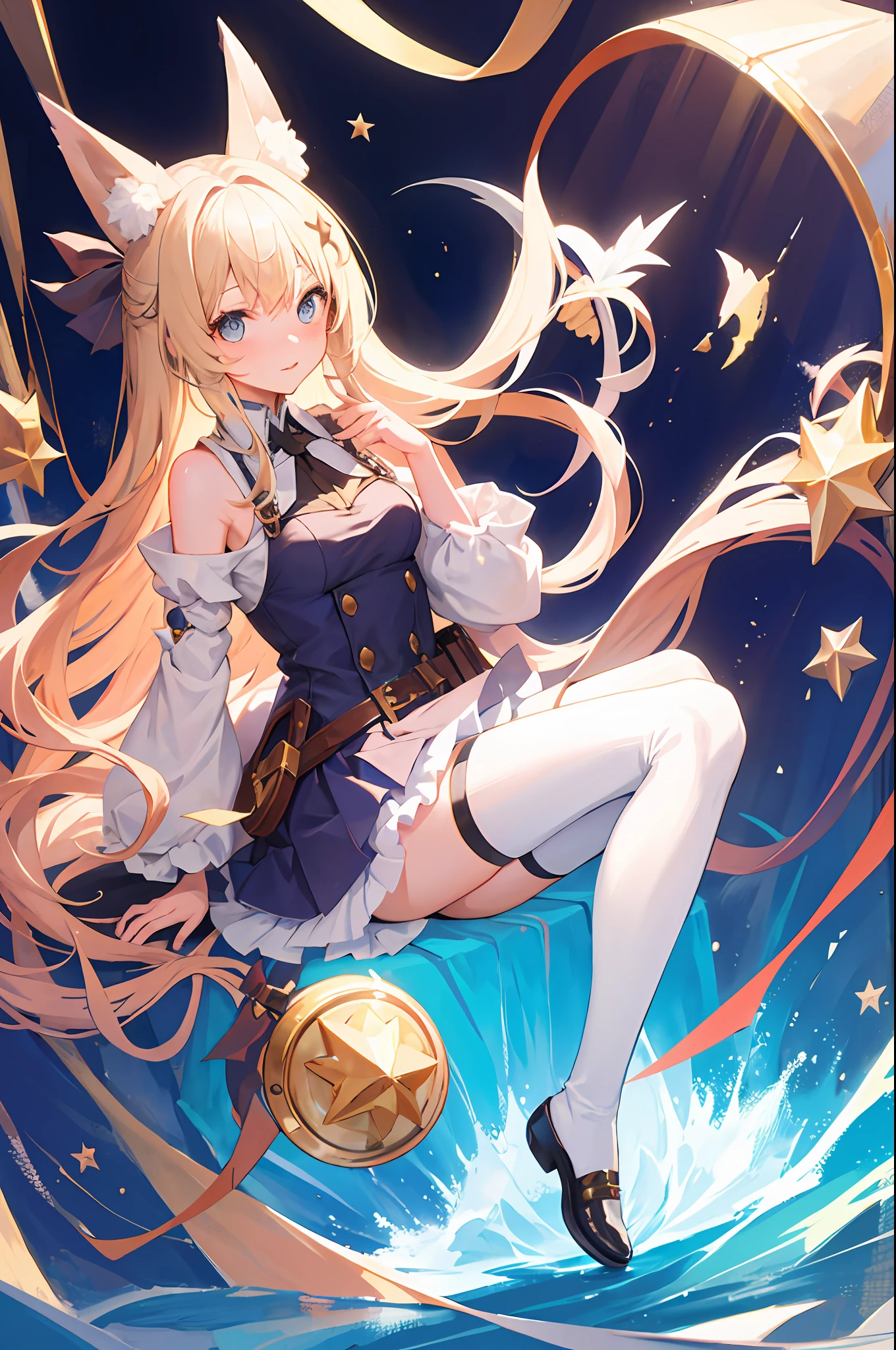 A beautiful girl with long blonde hair, blue eyes, furry fox big ears, white tights, alchemist style, magical girl style, , gigantic