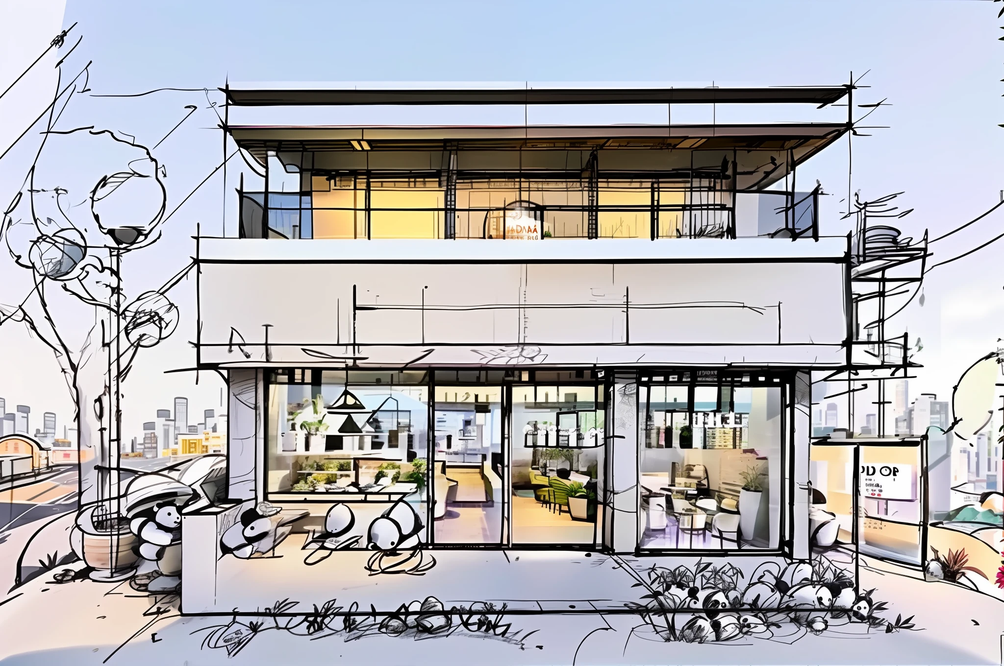 sketch, architecture, city, skyline, road, :46:04 panda, flower, no_humans, window, chair, table, plant, landscape, door, potted plant, stool, vase, flower pot, restaurant façade, special food poster hanging on one door, cutebuild style