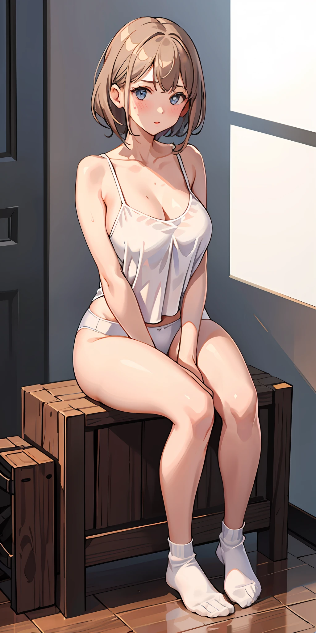 1 girl, breasts, white underwear, camisole, armpits, sweaty, face hidden, breast close-up, ((((full body)))), squatting
