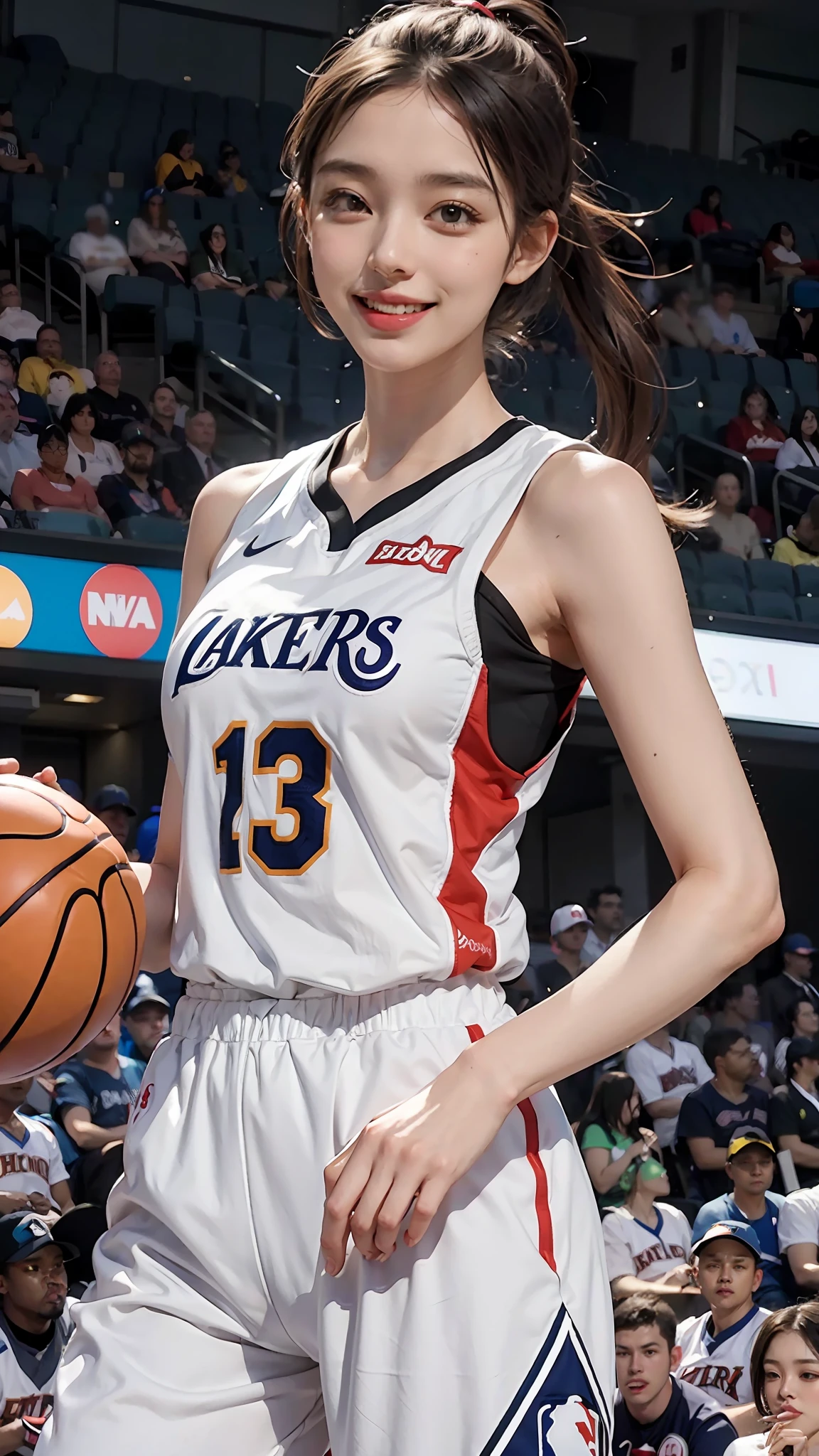 Girl in white basketball suit, tall, smiling, pitching, NBA uniform