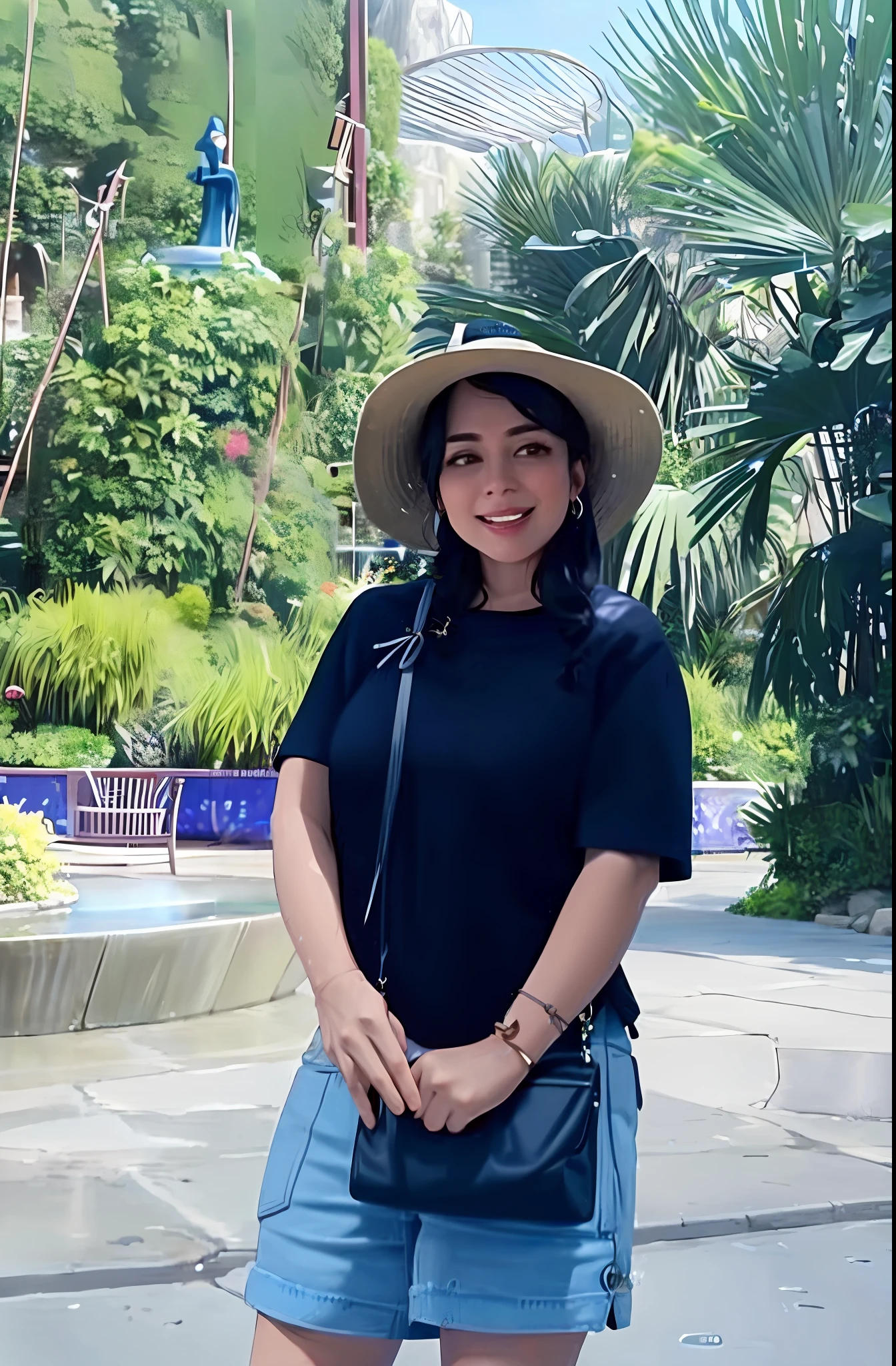 arafed woman in a hat and blue shorts standing in front of a fountain, nivanh chanthara, wearing a travel hat, in front of a forest background, vacation photo, profile photo, photo taken in 2 0 2 0, 40 years old women, 3 0 years old woman, 30 years old woman, joy ang
