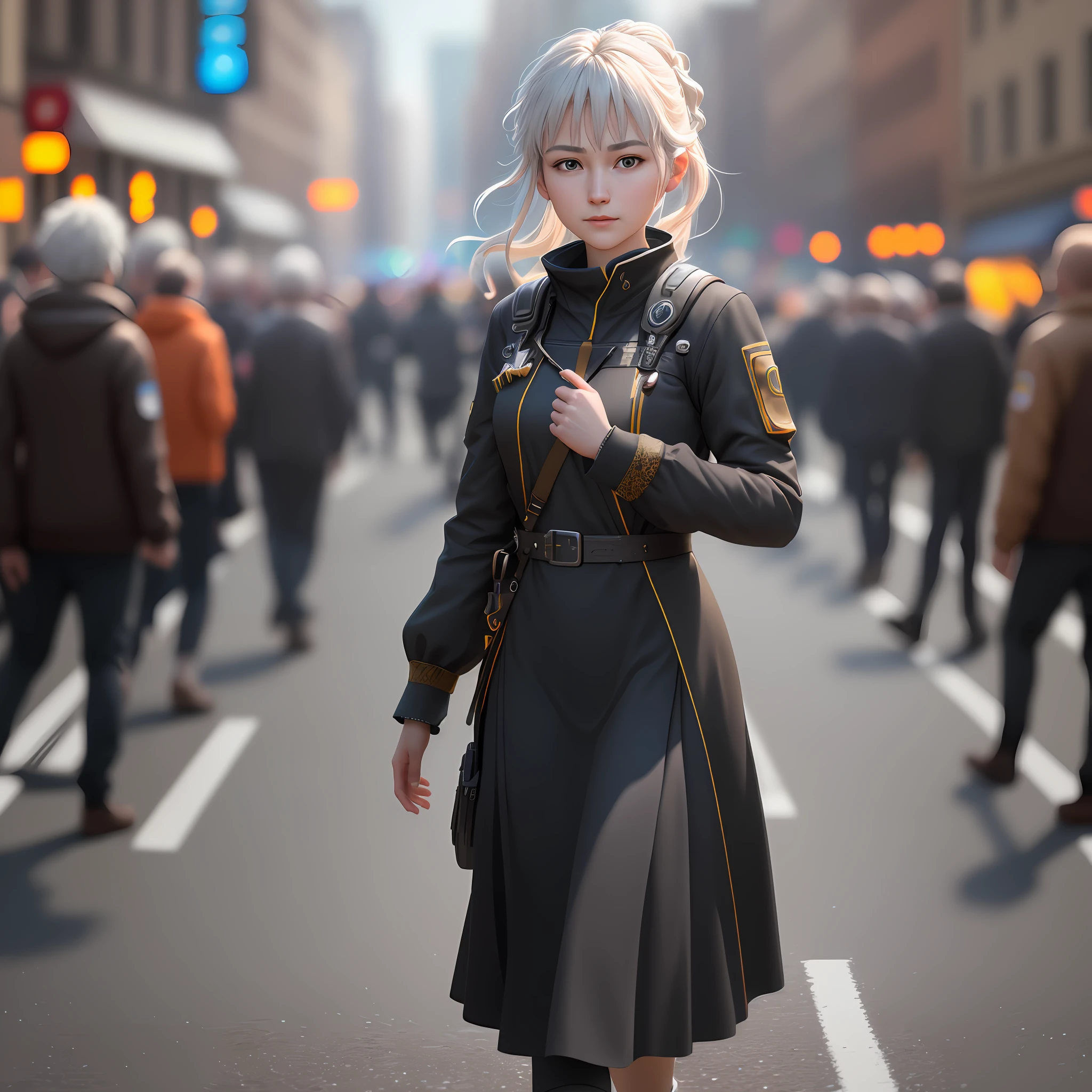 Very detailed CG unity 8k wallpapers, (Masterpiece), (Best Quality), (Ultra Detailed), (Ultra Realistic), (Best Character Detail: 1.36), Nikon D750 f/1.4 55mm, Dynamic Angle, Professional Lighting, Photon Mapping, Teleportion, Physical Based Rendering, Outdoor, Busy Street, Looking at the Audience