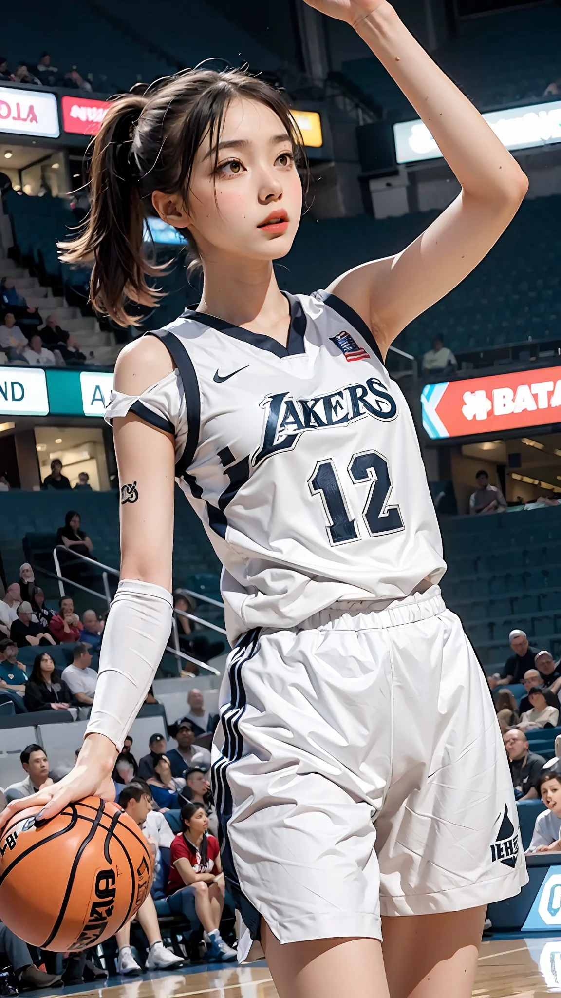 Girl in white basketball uniform, tall, is throwing and dribbling