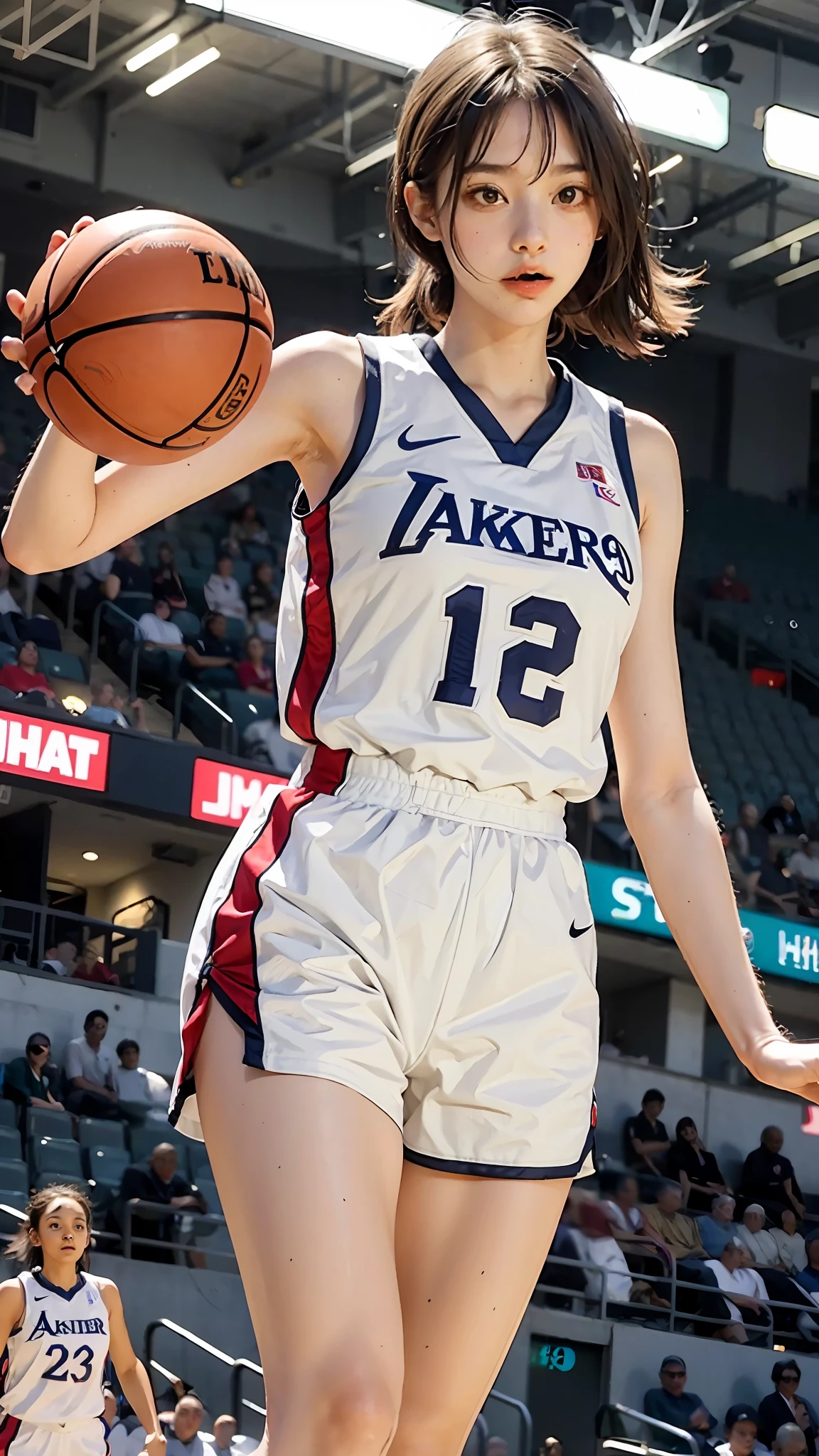 Girl in white basketball uniform, tall, is throwing and dribbling