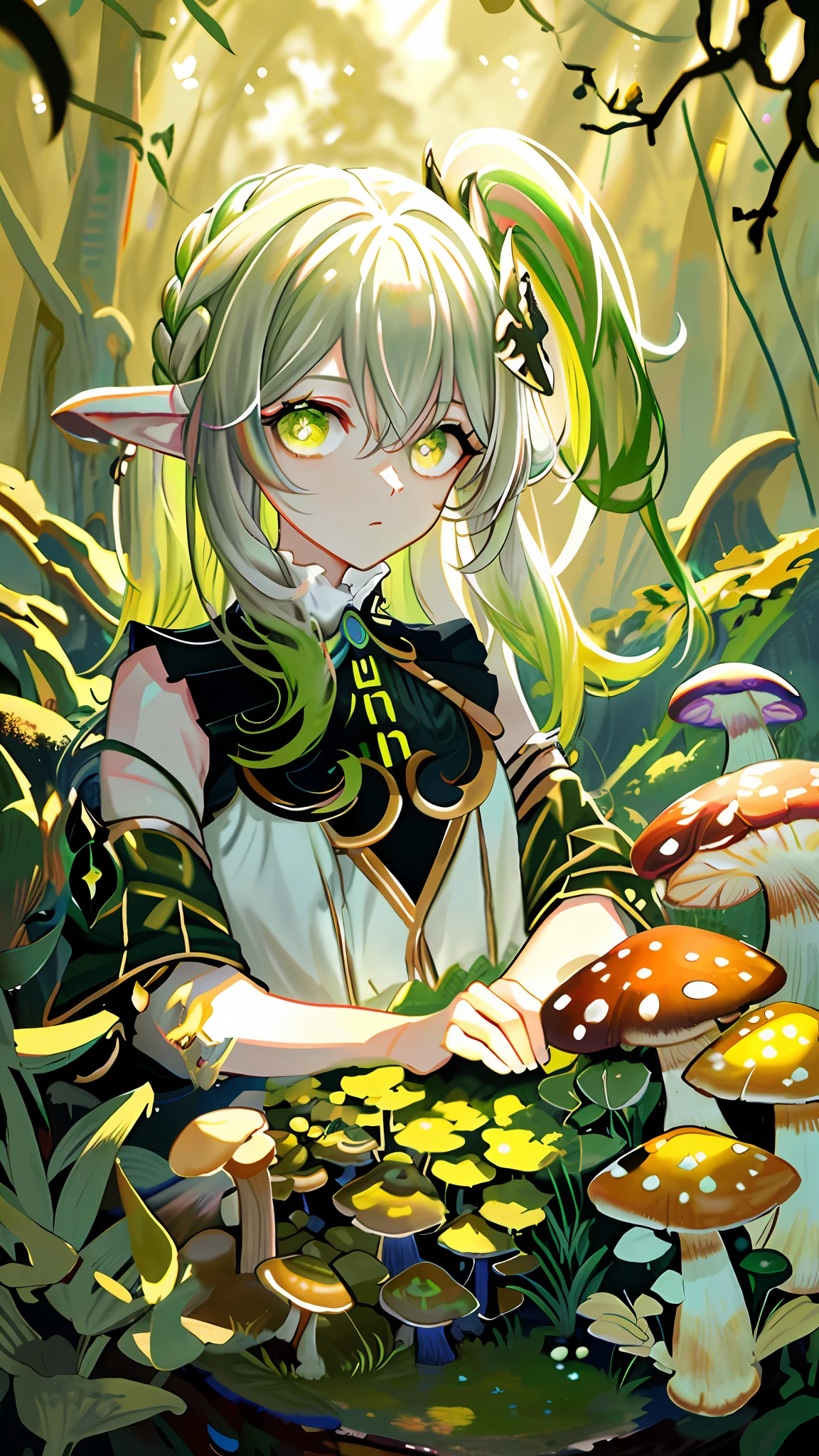 nahida in a forest of giant mushrooms, (masterpiece), (best quality), (ultra detailed),(disheveled hair),(illustration), (1girl), beautifuldetailedeyes,delicate beautiful face,(high saturation),(colorful splashes),colorful bubble,(shining),focus on face