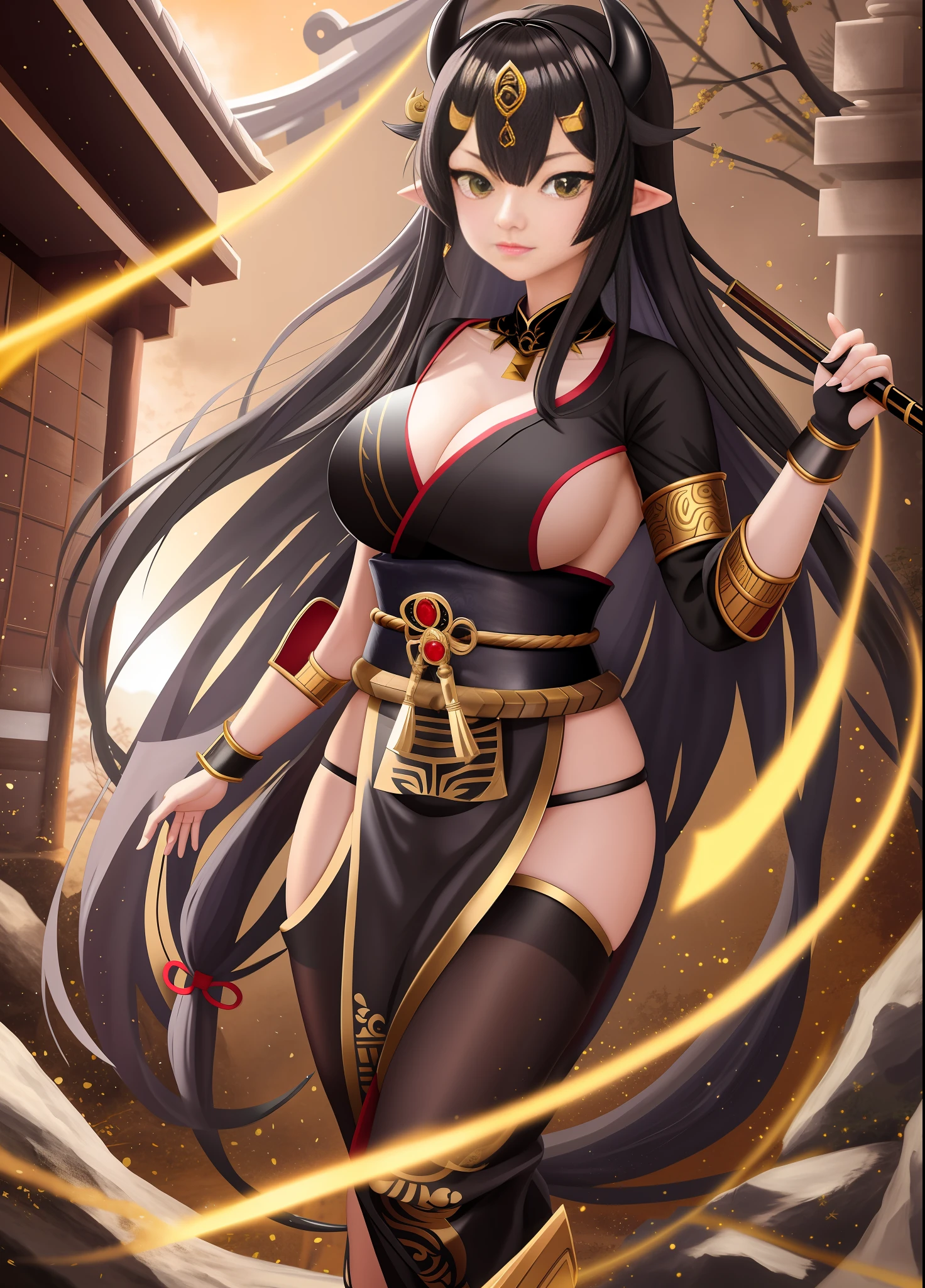 full body, Standing, Princess Zelda as Shinobi, costume all black with gold stripes, she has large breasts, (short black hair), (((wearing Oni mask on her face))), cut scar over right eye, (green eyes), a katana attached to her waist, blood all over her clothes, In a macabre ancient temple with a very heavy rain with a full moon in the sky, Anime, masterpiece, 16k, award winning, best quality, high details, UHD, masterpiece, anatomically correct