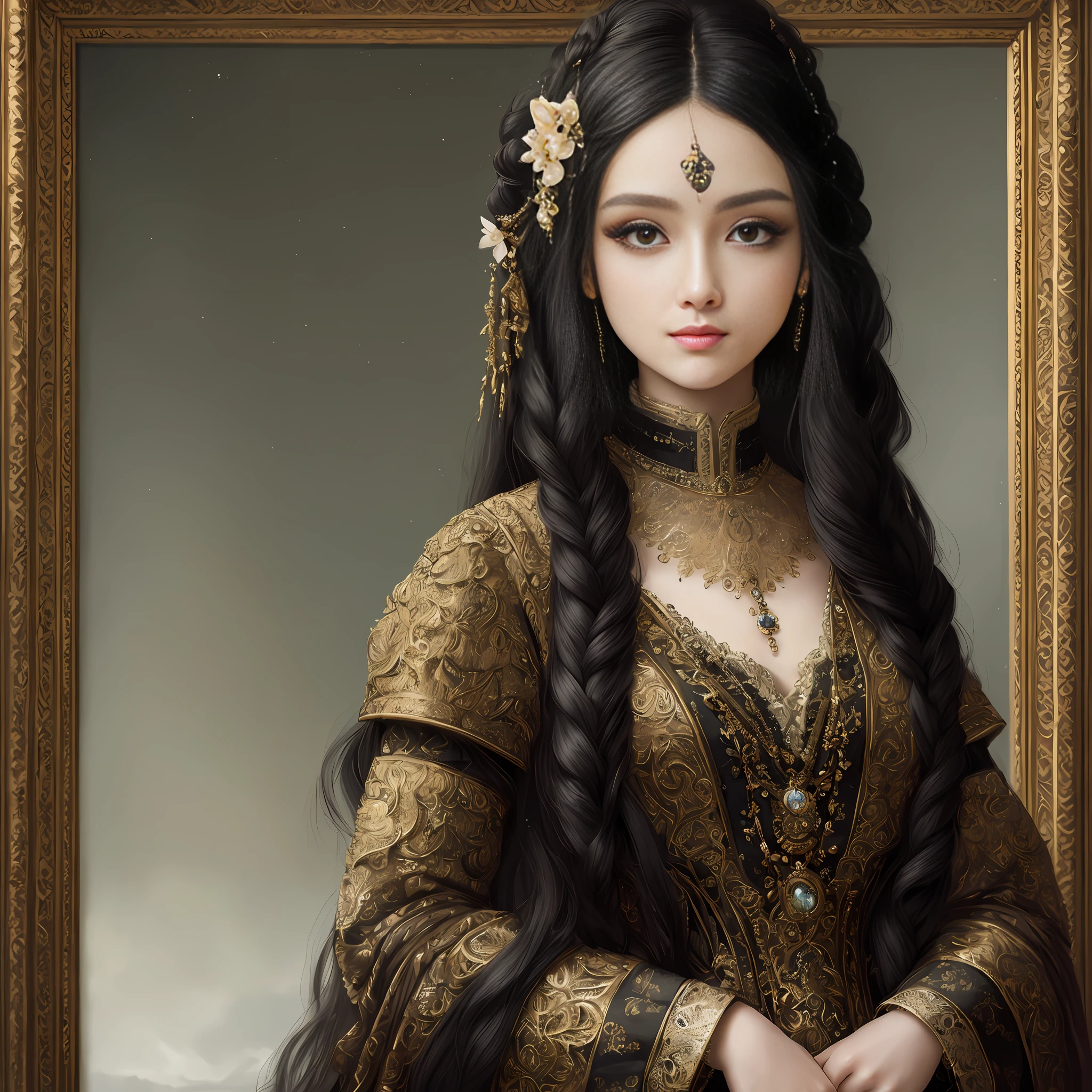 (masterpiece, best quality, extremely detailed, beautiful detailed eyes, ultra-detailed intricate details: 1.2), 8k wallpaper, elaborate features, (1girl, solo: 1.4), long black hair, hair with locks, looking for viewer, piercing eyes, oil painting