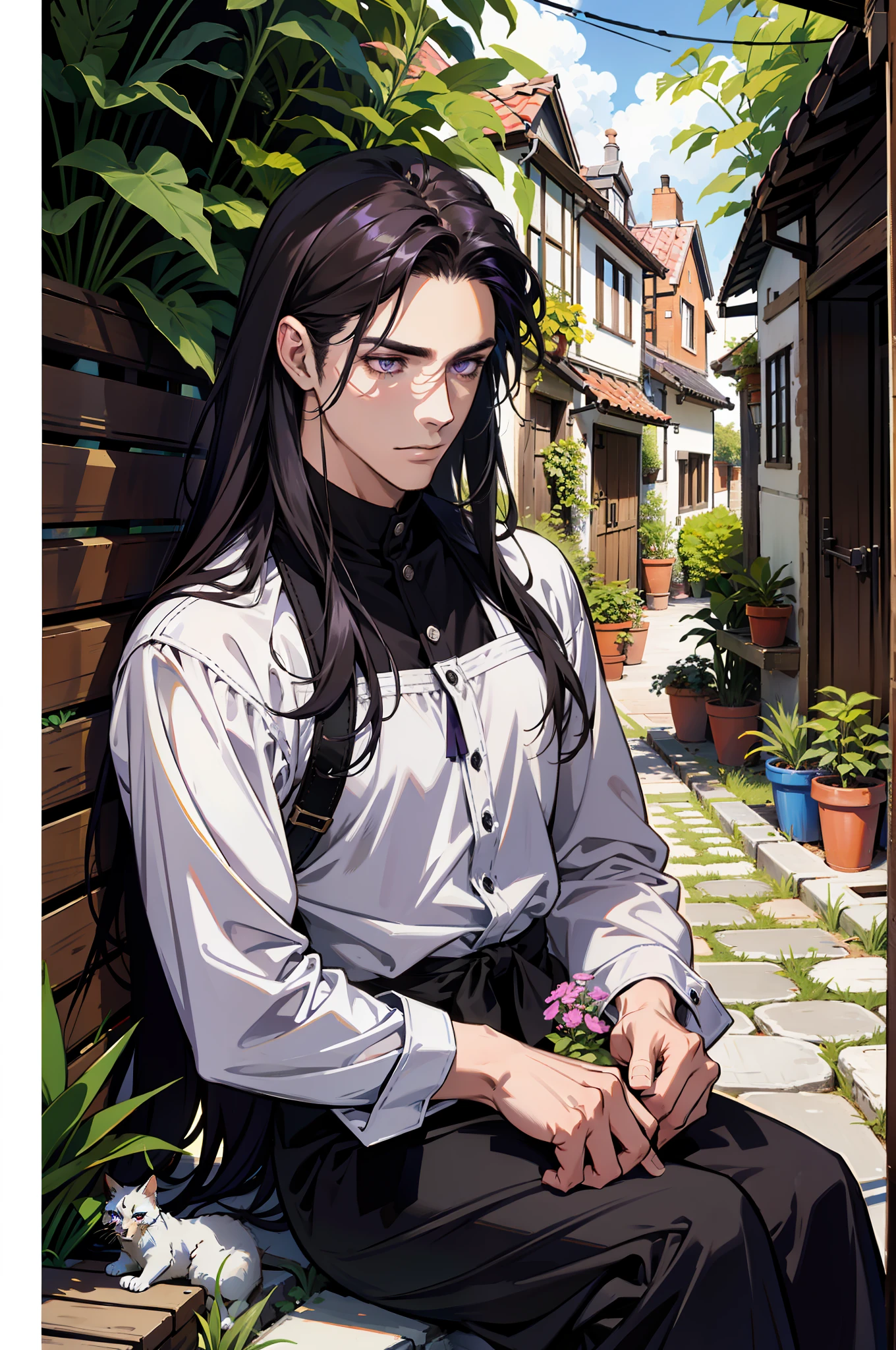 (absurdres, highres, ultra detailed), 1 male, handsome, tall muscular guy, very long hair, best ratio four finger and one thumb, best light and shadow, background is back alley, detasiled sunlight, sitting, Little cats are gathered next to him, dappled sunlight, day, depth of field, plants, summer, (dutch angle), closed mouth, purple eyes,