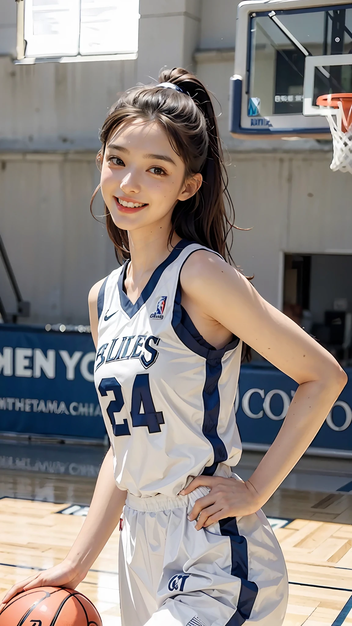 Girl in white basketball uniform, tall and smiling