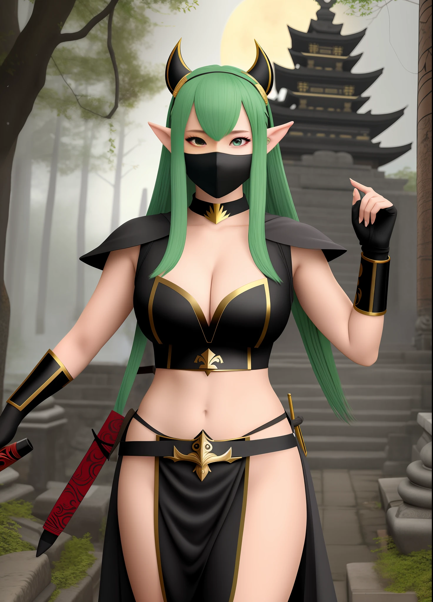 full body, Standing, Princess Zelda as Shinobi, costume all black with gold stripes, she has large breasts, (short black hair), ((wearing Oni mask on her face)), cut scar over right eye, (green eyes), a katana attached to her waist, blood all over her clothes, In a macabre ancient temple with a very heavy rain with a full moon in the sky, Anime, masterpiece, 16k, award winning, best quality, high details, UHD, masterpiece, anatomically correct