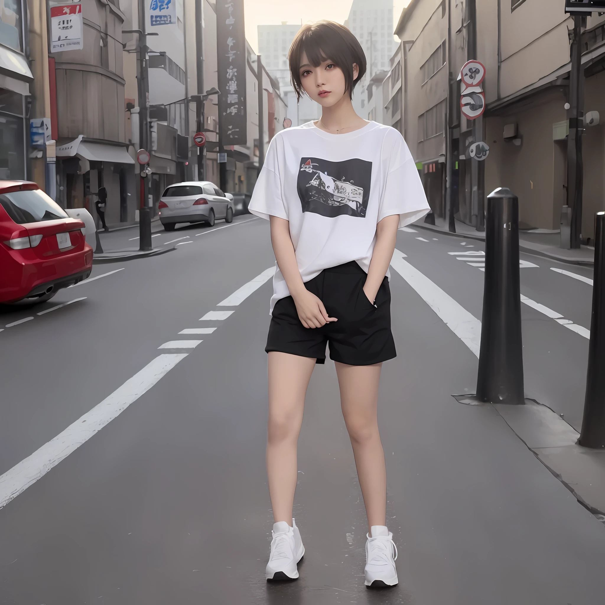 ((Best Quality, 8K, Masterpiece: 1.3)), Focus: 1.2, (T-shirt), Oversized T-shirt, Large T-Shirt, She Wears Streetwear, Urzan, Japan Streetwear, Heavyweight T-Shirt, Graphic T-Shirt, Design Logo T-Shirt, Perfect Body Beauty: 1.4, (Short Hair: 1.2)), (Dark Street : 1.3), very detailed face and skin texture, whole body, delicate eyes, double eyelids, whitening skin, short hair, (round face: 1.5),