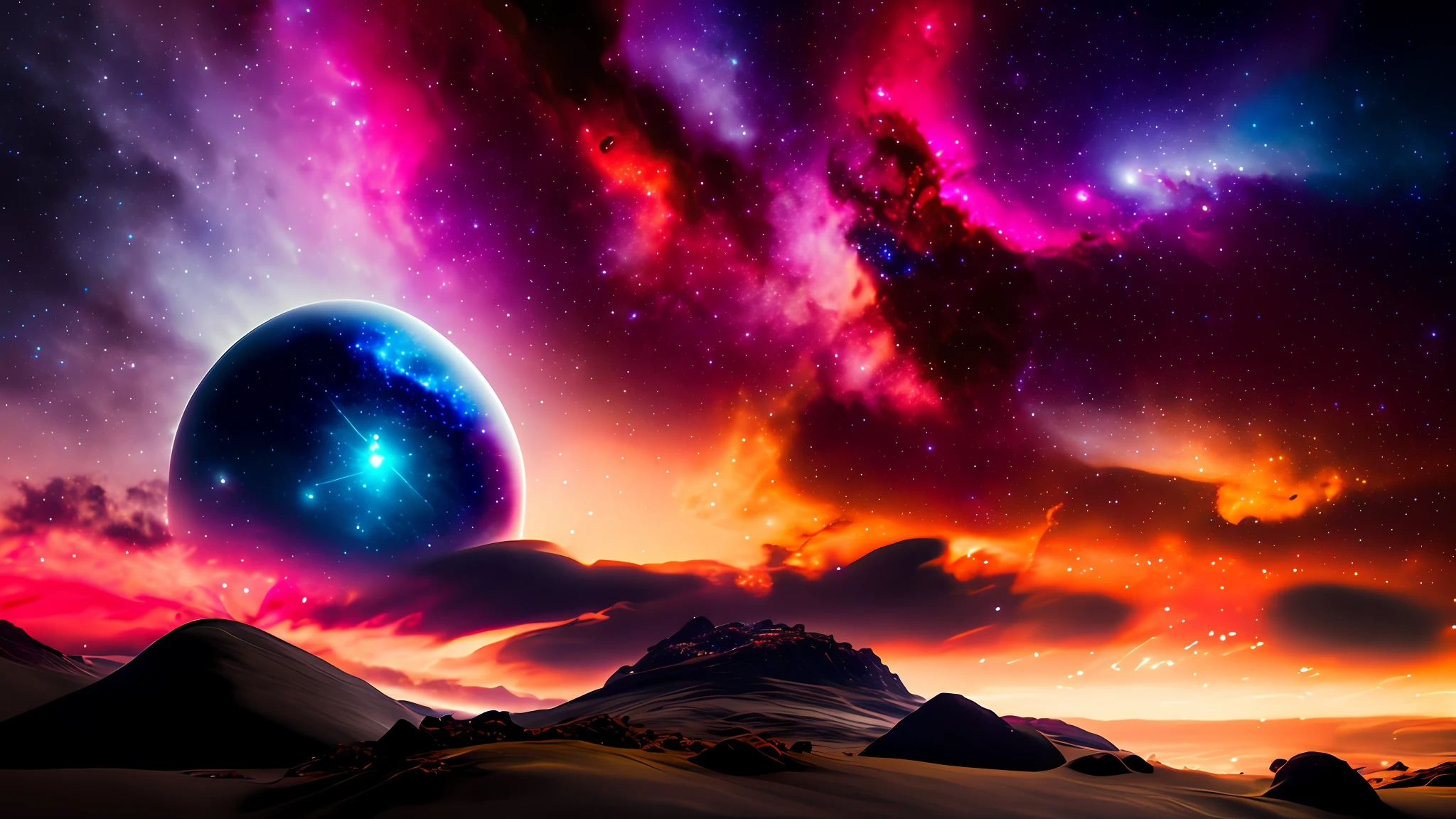 Space, stars, nebulae, planet and galaxies. A very distant planet with its multicolored surface, mountains, oceans and clouds. (((masterpiece))), ((best quality)), realistic, 8k, ultra-detailed, realistic, scenery, ConceptArt, Highly detailed RAW color photo, side angle, (lens flare: 0.7), particle effects, raytracing, cinematic lighting, shallow depth of field, shot on a Sony Alpha 1, 50mm wide-angle lens, sharp focus, cinematic film still, dynamic pose.,