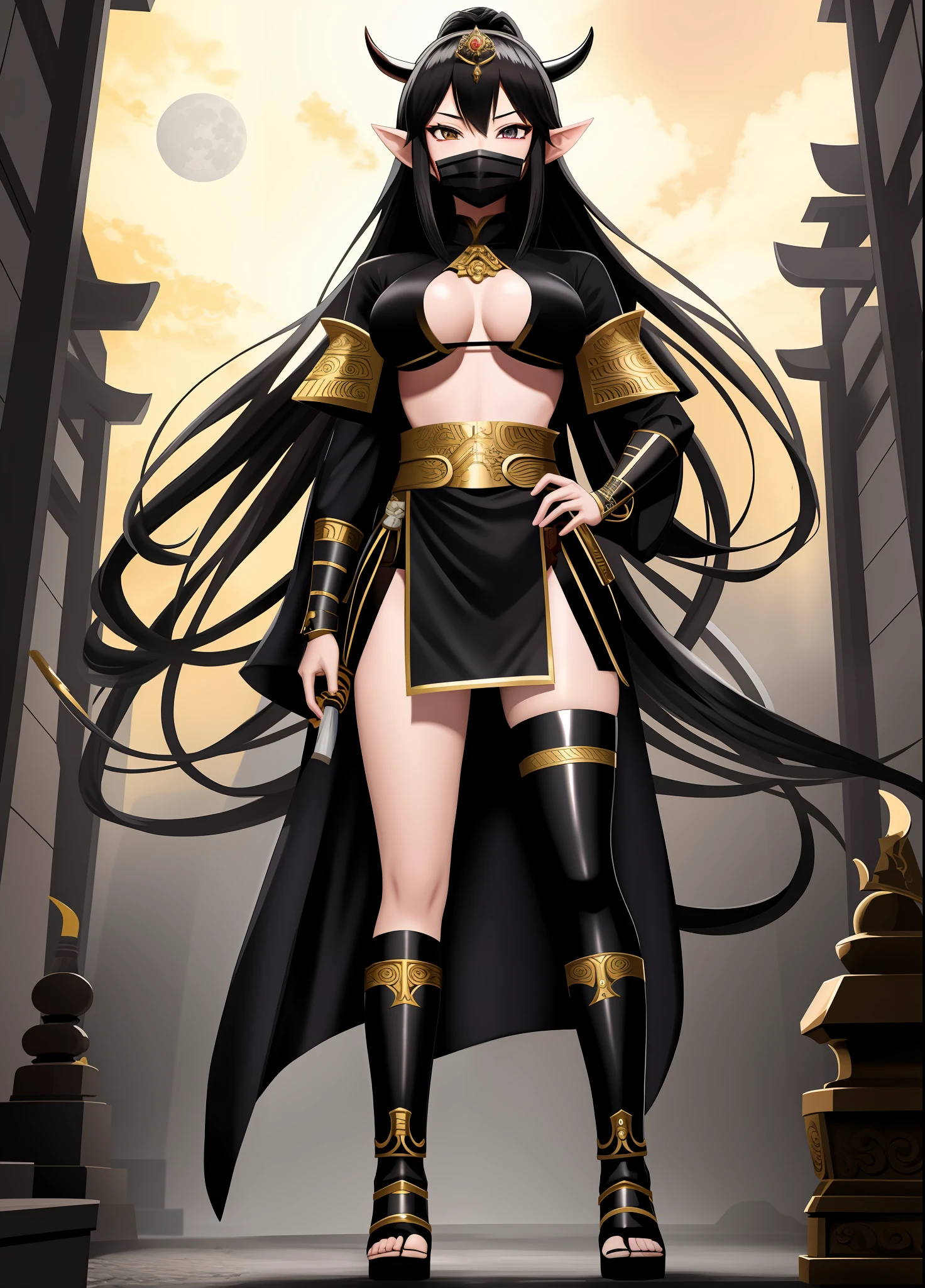 full body, Standing, Princess Zelda as Shinobi, costume all black with gold stripes, she has large breasts, (short black hair), ((wearing Oni mask on her face)), cut scar over right eye, (green eyes), a katana attached to her waist, blood all over her clothes, In a macabre ancient temple with a very heavy rain with a full moon in the sky, Anime, masterpiece, 16k, award winning, best quality, high details, UHD, masterpiece, anatomically correct