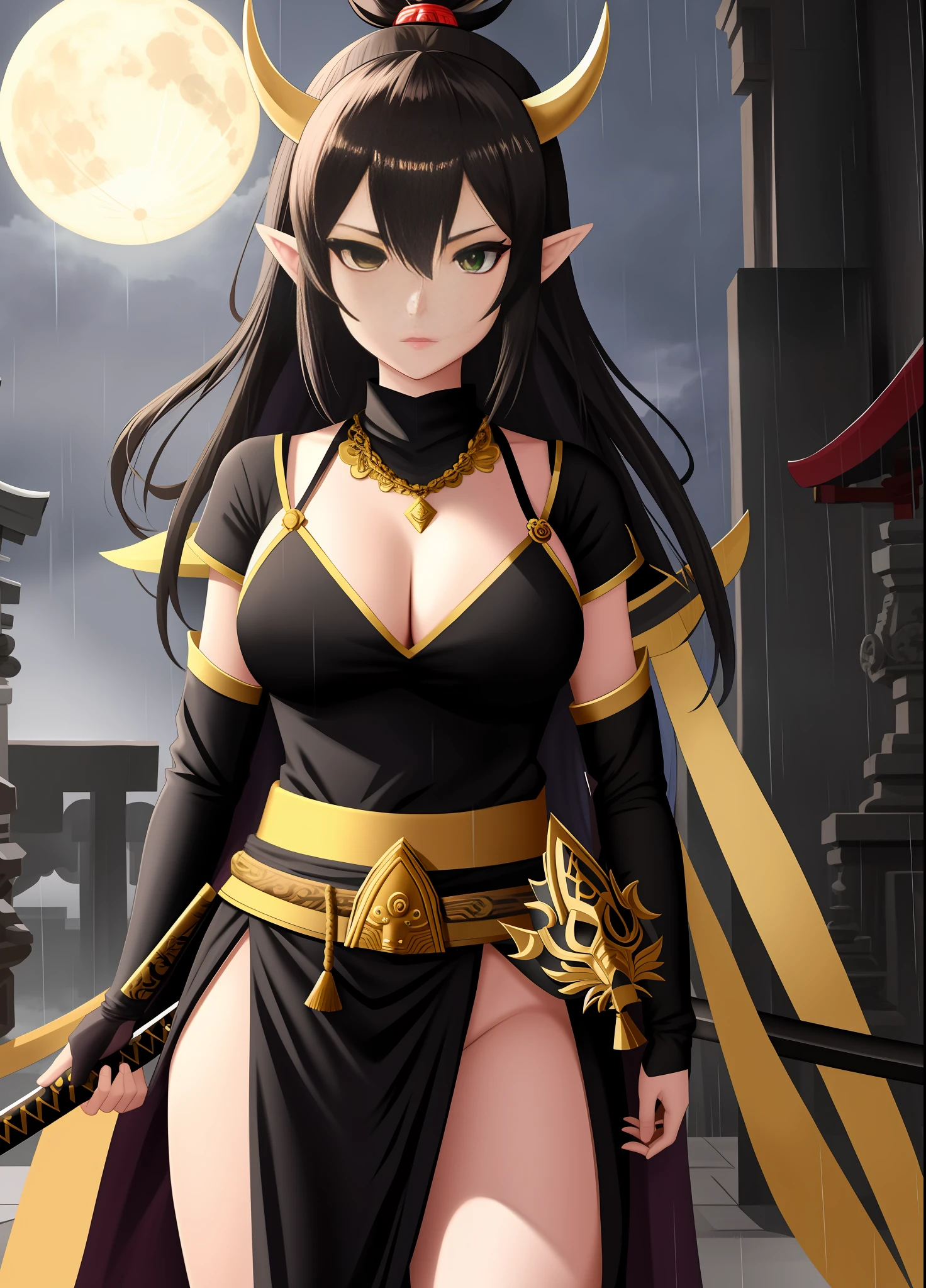 full body, Standing, Princess Zelda as Shinobi, costume all black with gold stripes, she has large breasts, (short black hair), ((wearing Oni mask on her face)), cut scar over right eye, (green eyes), a katana attached to her waist, blood all over her clothes, In a macabre ancient temple with a very heavy rain with a full moon in the sky, Anime, masterpiece, 16k, award winning, best quality, high details, UHD, masterpiece, anatomically correct