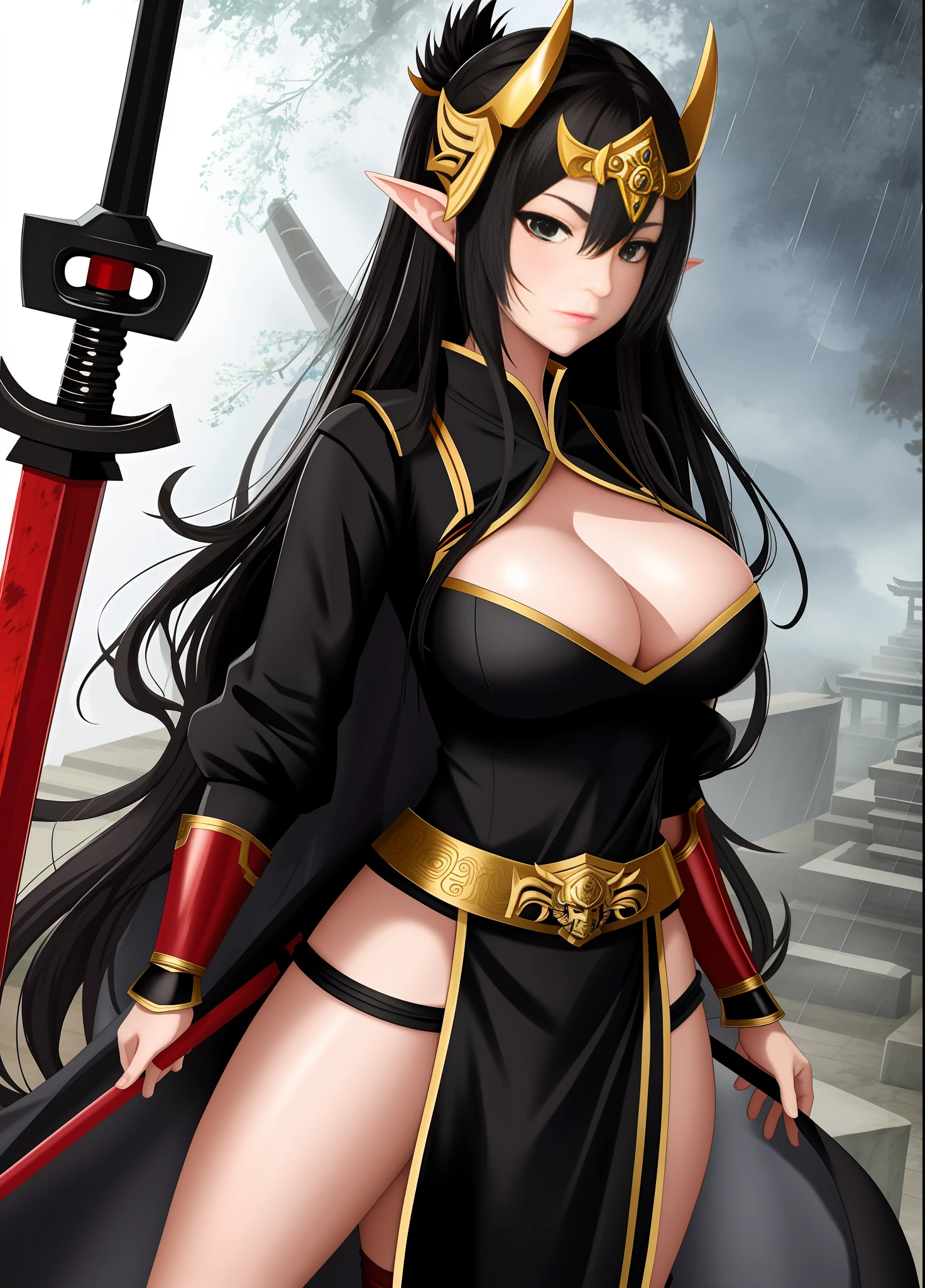 full body, Standing, Princess Zelda as Shinobi, costume all black with gold stripes, she has large breasts, (short black hair), ((wearing Oni mask on her face)), cut scar over right eye, (green eyes), a katana attached to her waist, blood all over her clothes, In a macabre ancient temple with a very heavy rain with a full moon in the sky, Anime, masterpiece, 16k, award winning, best quality, high details, UHD, masterpiece, anatomically correct