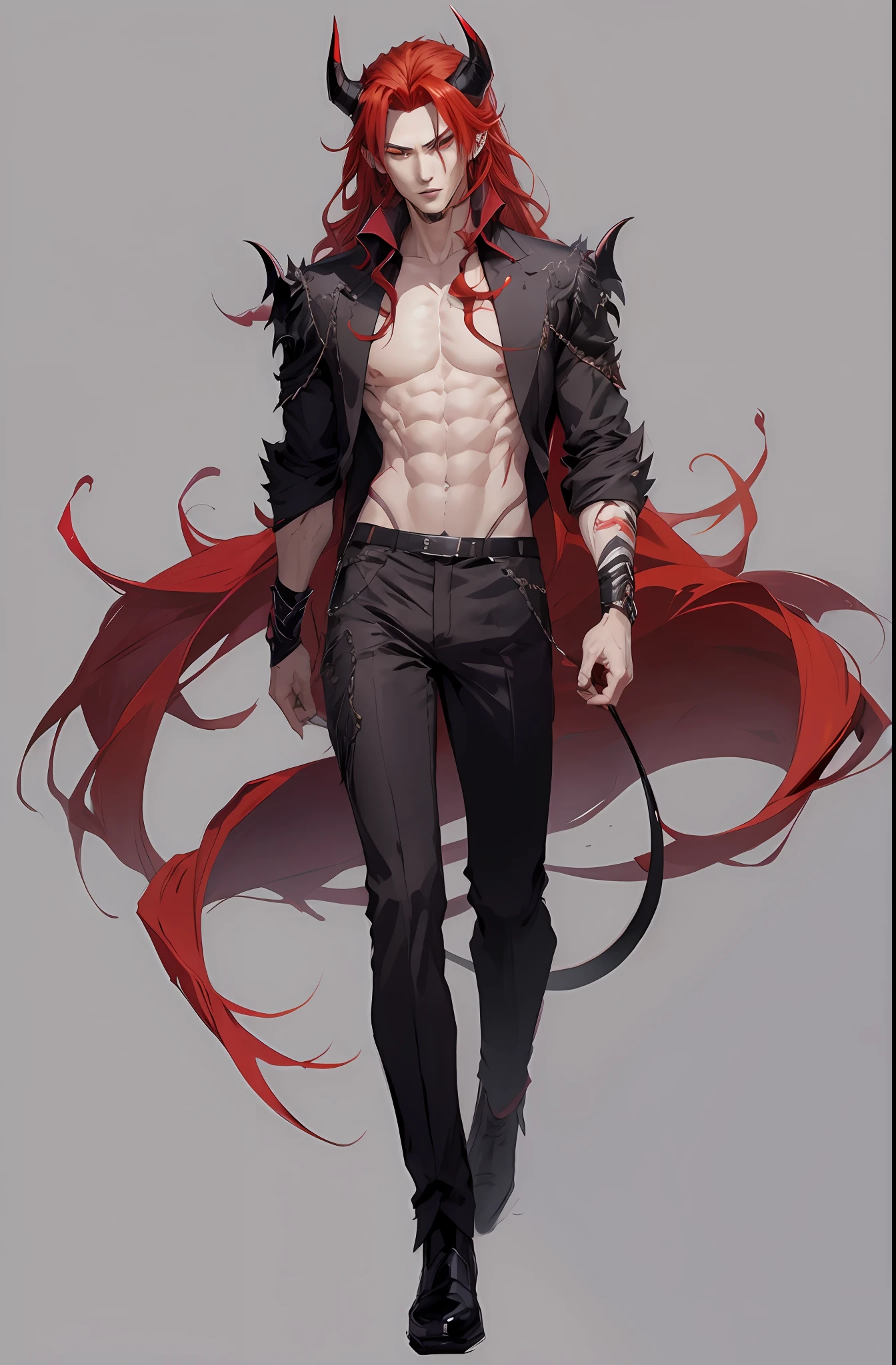 male anime with red hair and horns walking in a black suit, human male demon, male vampire, by Yang J, male demon, handsome Japanese demon boy, beautiful male god of death, male demon man, human male character art, handsome boy in demon killing art, skinny male fantasy alchemist, fit male demon with white horns, vampire, handsome male vampire