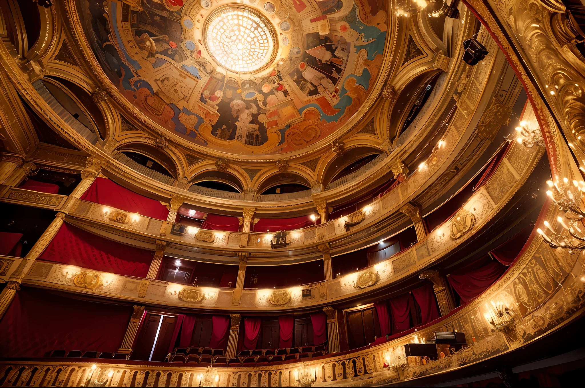 a professional photograph of a luxury renaissance Paris's grand opera house the L'Odeon, exquisite details and textures, classical ceiling painting, dramatic lighting, light shafts, red stage curtain, different perspectives