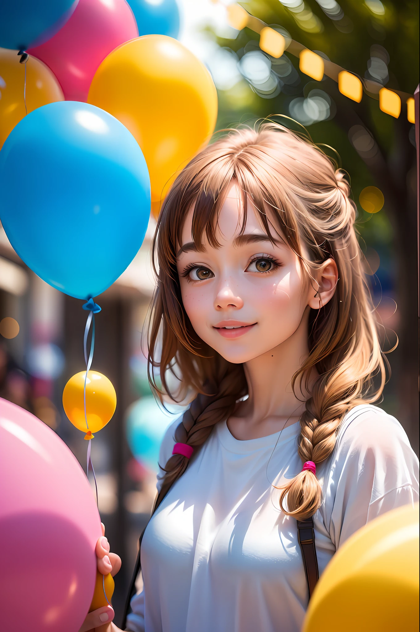 A girl with a zoo, many balloons, happy, happy, perfect quality, clear focus (clutter-home: 0.8), (masterpiece: 1.2) (Realistic: 1.2) (Bokeh) (Best quality) (Detailed skin: 1.3) (Intricate details) (8K) (Detail eyes) (Sharp focus), (Happy)