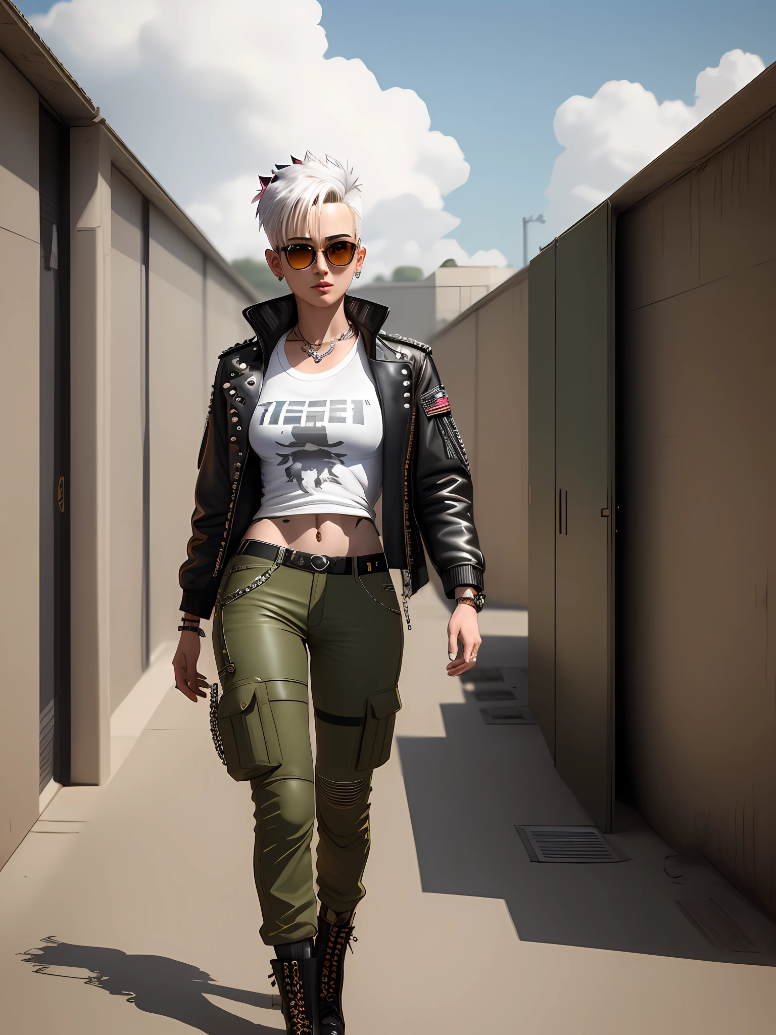 masterpiece, best quality, (extremely detailed CG unit 8k), artstation, (punk rock rebel), ((ginnger)), (full body), aviator glasses, (white t-shirt and military pants), extremely detailed face, (very sexy), extremely detailed body, small chest, (sky background), short hair, Lori Petty as Tank Girl