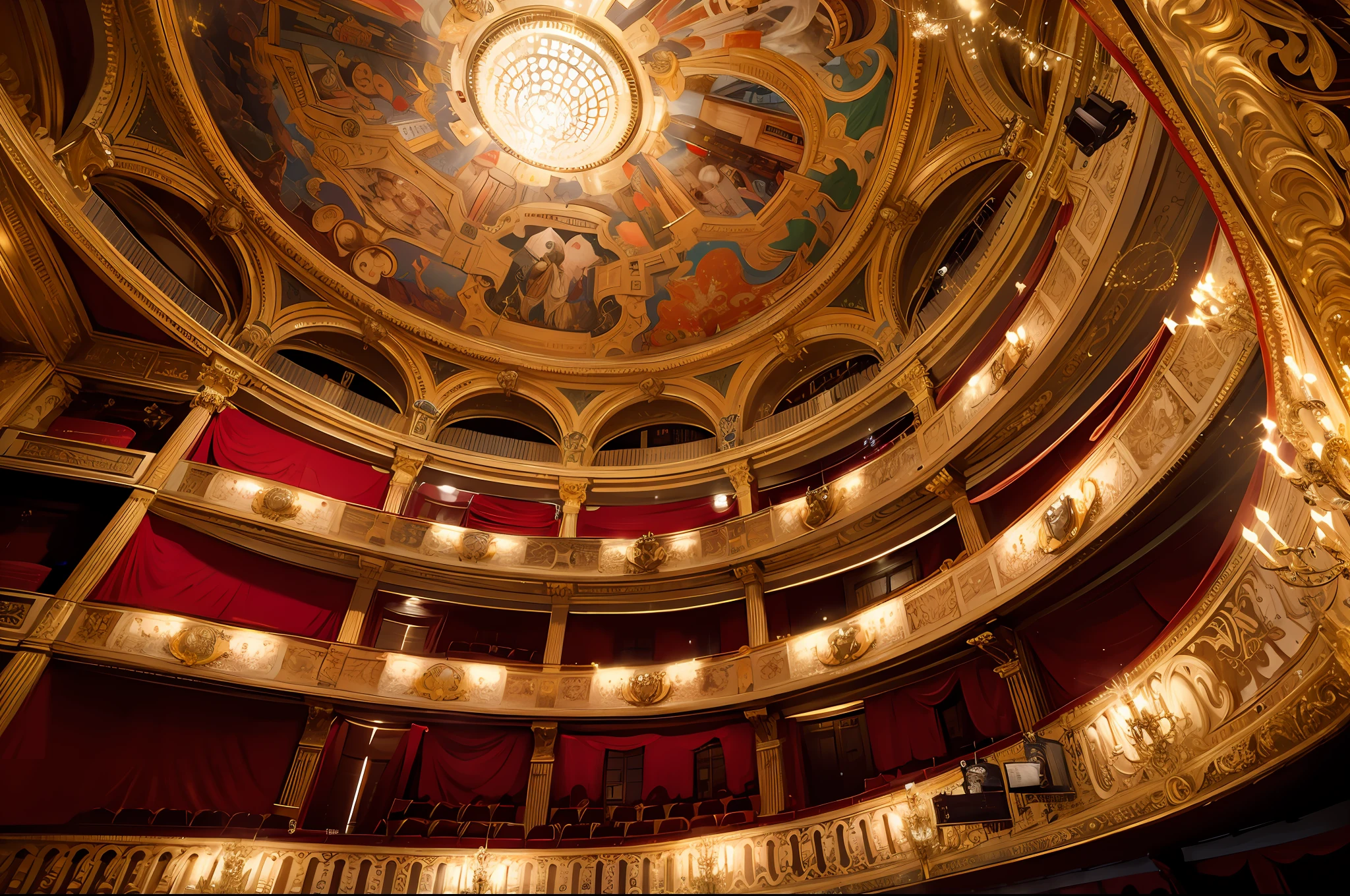 a professional photograph of a luxury renaissance Paris's grand opera house the L'Odeon, exquisite details and textures,  classical ceiling painting, dramatic lighting, light shafts, red stage curtain, different perspectives --v 6