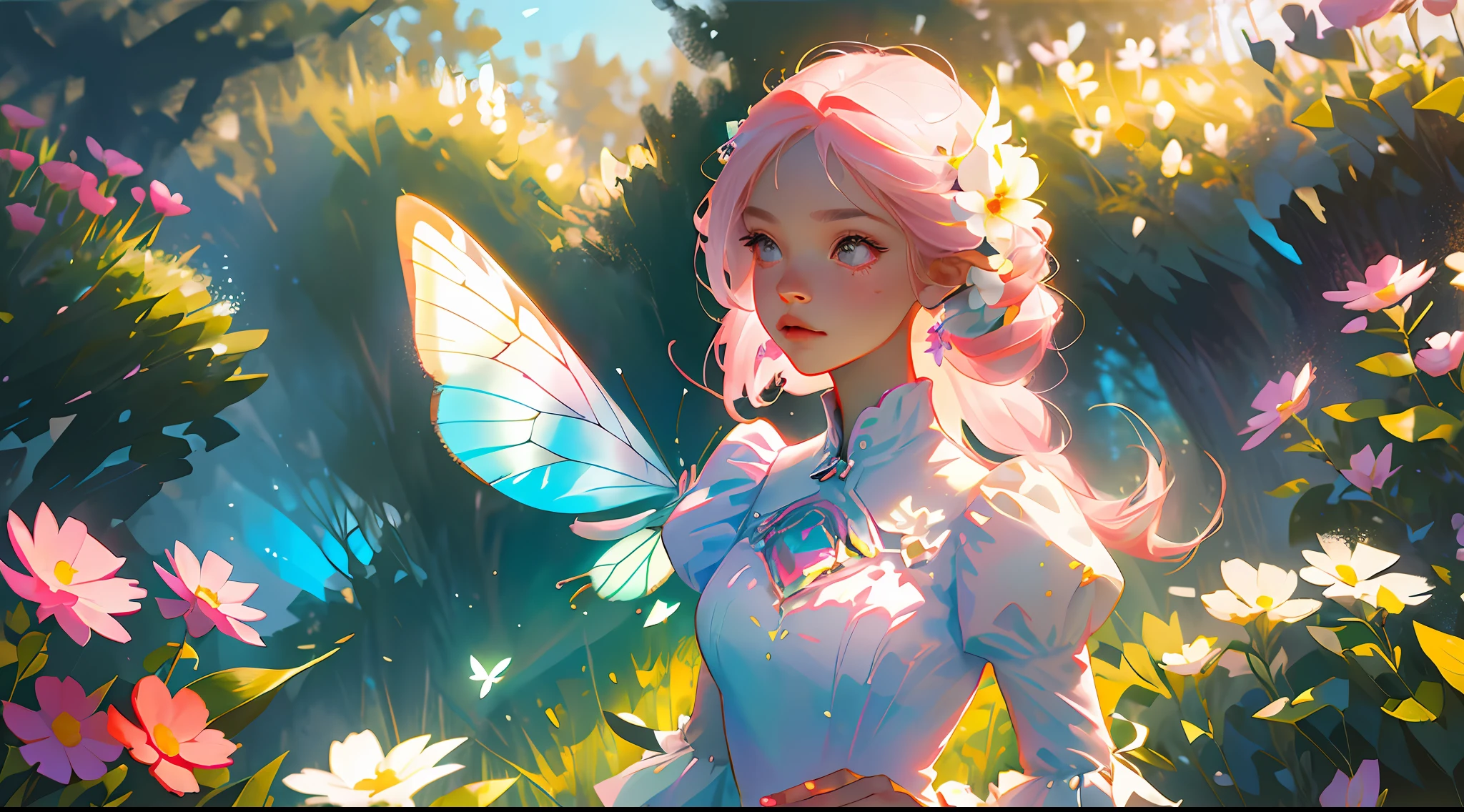 (Best Quality, Masterpiece), 1girl, Pose, Particle, Wind, Flower, Bust, Pink and White Color Scheme, Simple Background, Looking at the Audience, Flower Fairy, Forest, Butterfly, Delicate Facial Features,