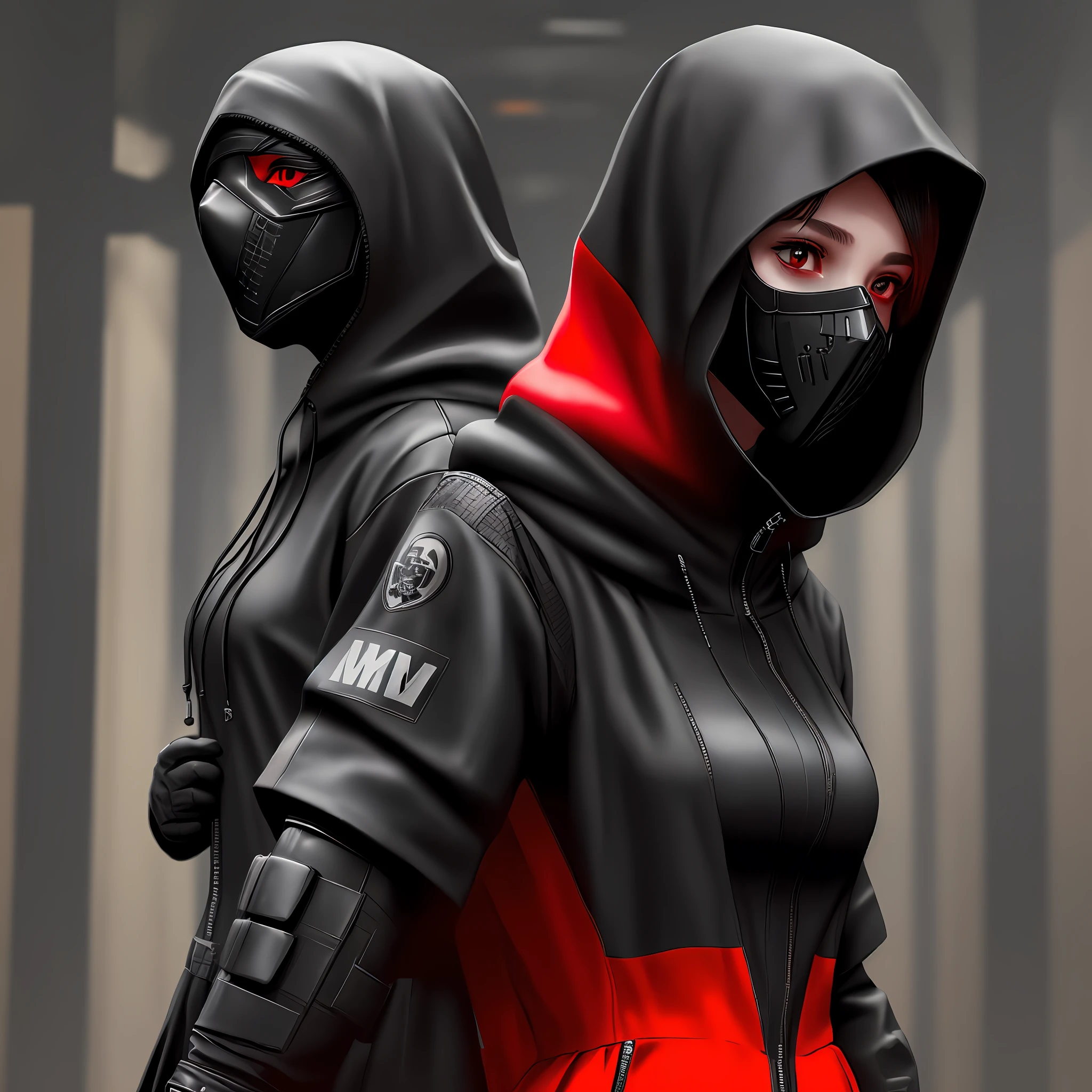 (female), (dystopian atmosphere), (black hooded upper, black mask, black and red skirt):1.5, (low lighting):1.2,(vivid and realistic texture):1.1)