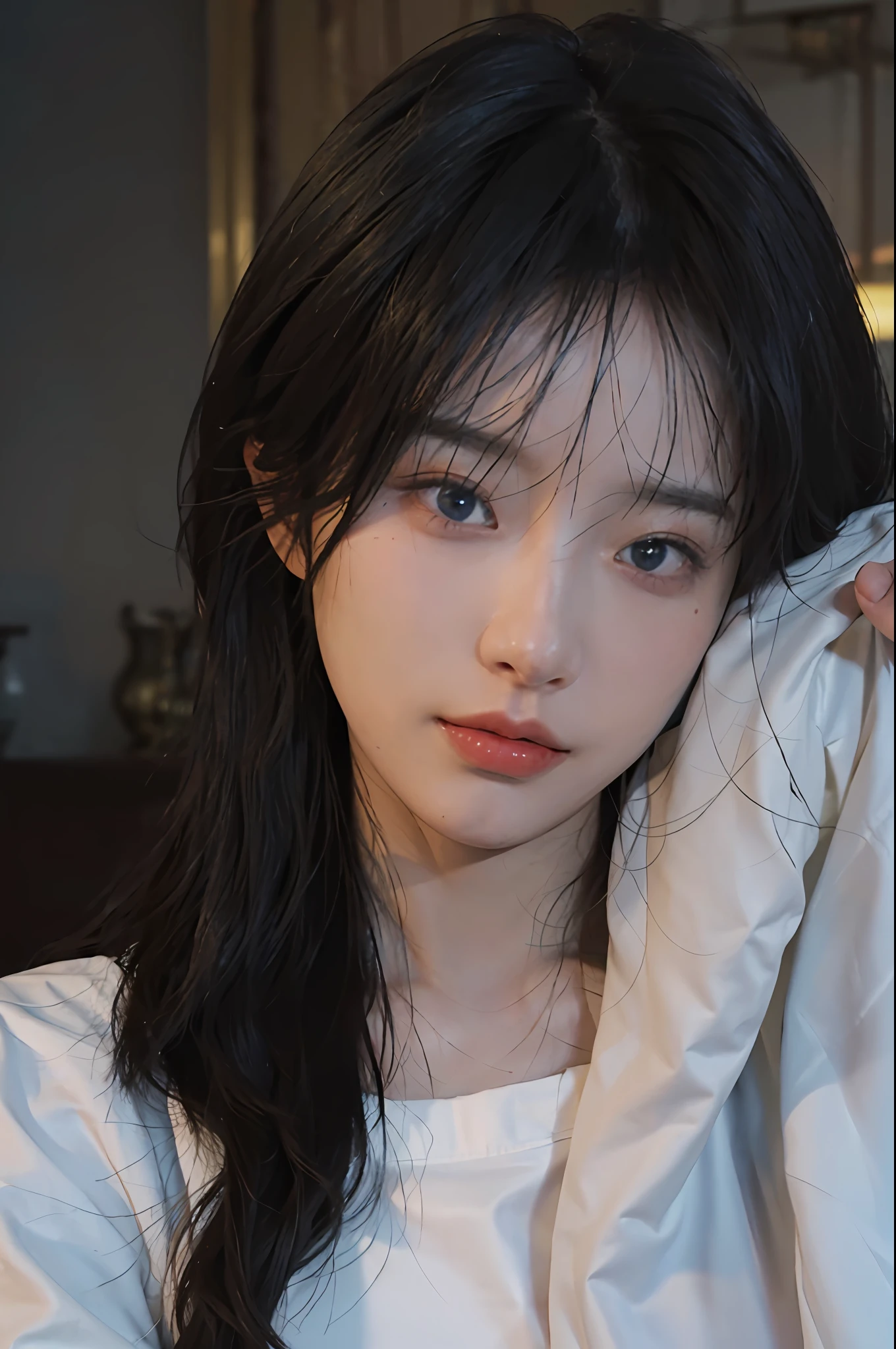 8K, Best Quality, Masterpiece, Ultra High Resolution, (Realism: 1.4), Original Photo, (True Skin Texture: 1.3), (Film Grain: 1.3), (Selfie Angle), 1 Girl, Beautiful Blue Eyes and Face Details, Masterpiece, Best Quality, Close-up, Upper Body, Looking at the Viewer