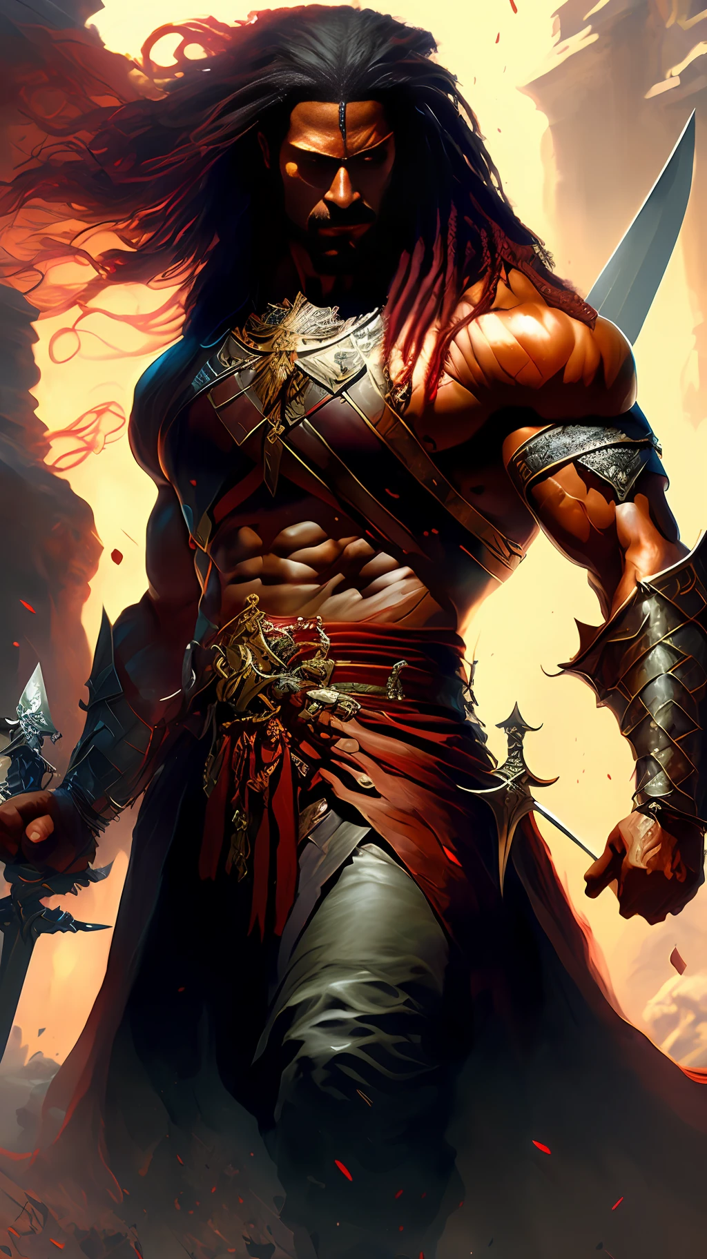 Highly (dynamic:1.2) detailed scene art (rutkowski:1.2), ((ogum sword in hand)), (angry expression), handsome, (full body) (four fingers and a thumb) (red silk details) (dark skin), ((long dreadlocks)) ((muscular)), (fantastic amazing decoration:1.2), volumetric explosive, delightful anatomy, (fantastic art god perfect, 64k ultra hd:1.1), (art by apterus, art by dan mumford:1.2)