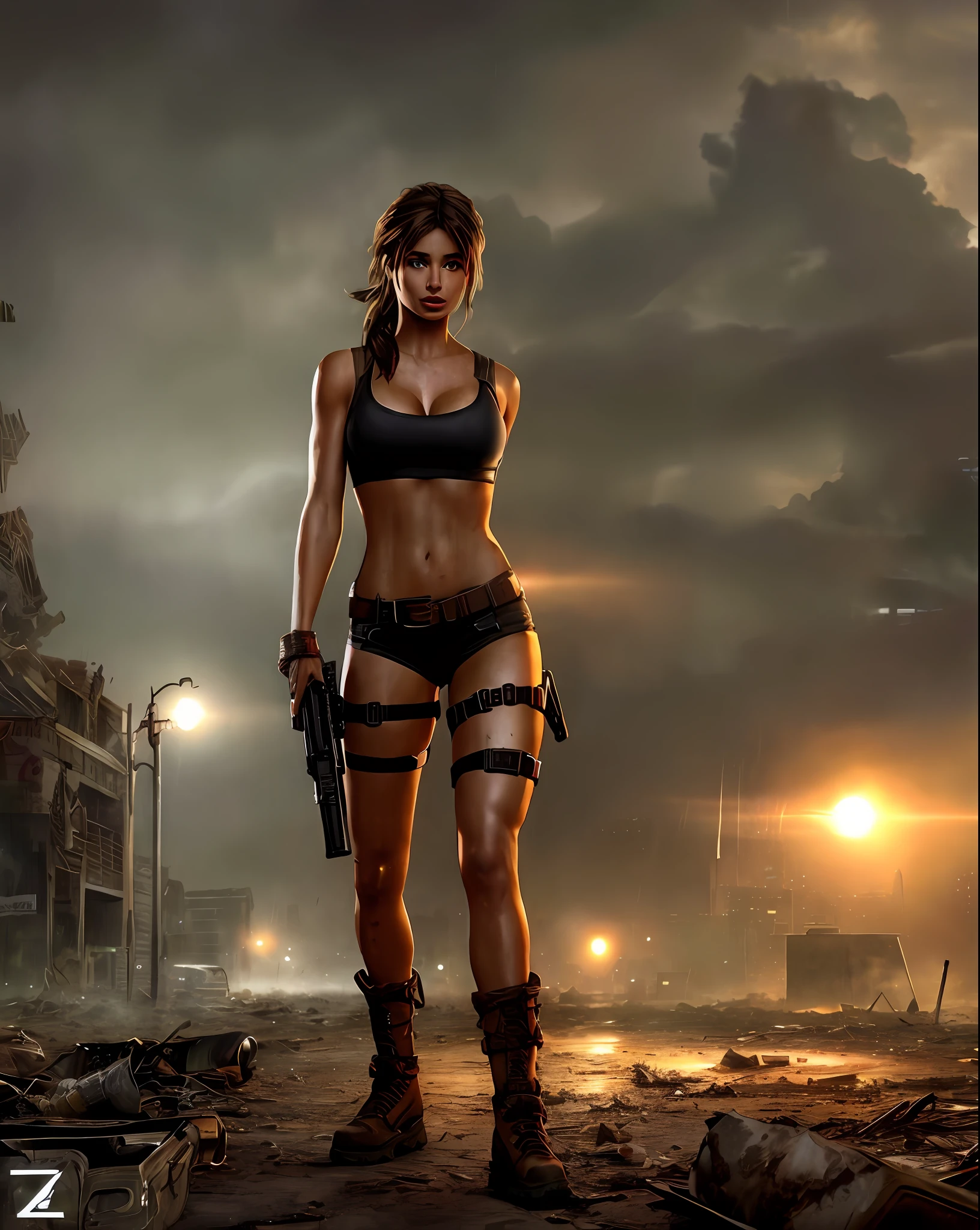 Taylor Hill version Lara Croft in deserted city destroyed apocalyptic scenery at night, well detailed, medium chest, thick legs, blonde hair, fog cinematic effect realistic style, richness of detail, ultra detailed depth of field Full HD 8K masterpiece.