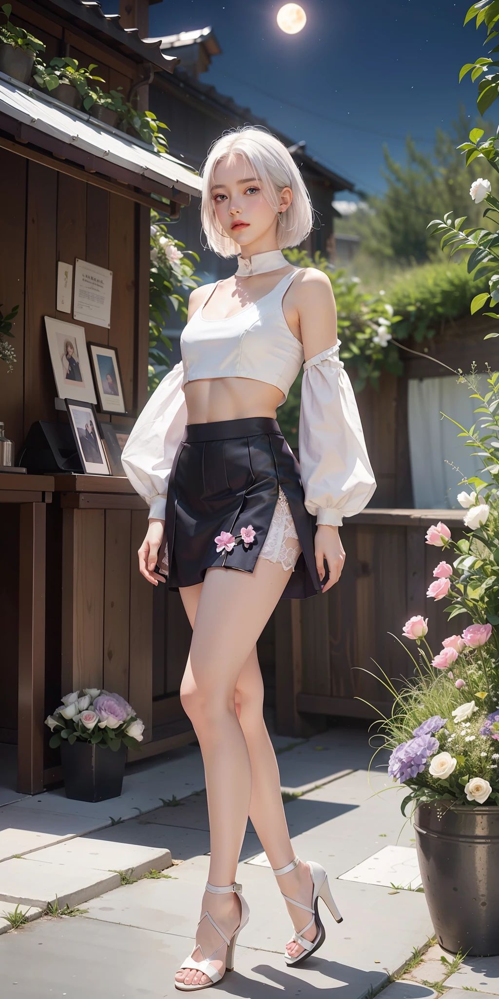 realistic, 1girl, white hair, purple eyes, glowing eyes, crop top, very short skirt, parted lips, blush, night, flowers, sun, sunlight, , small breasts, long legs, high heels