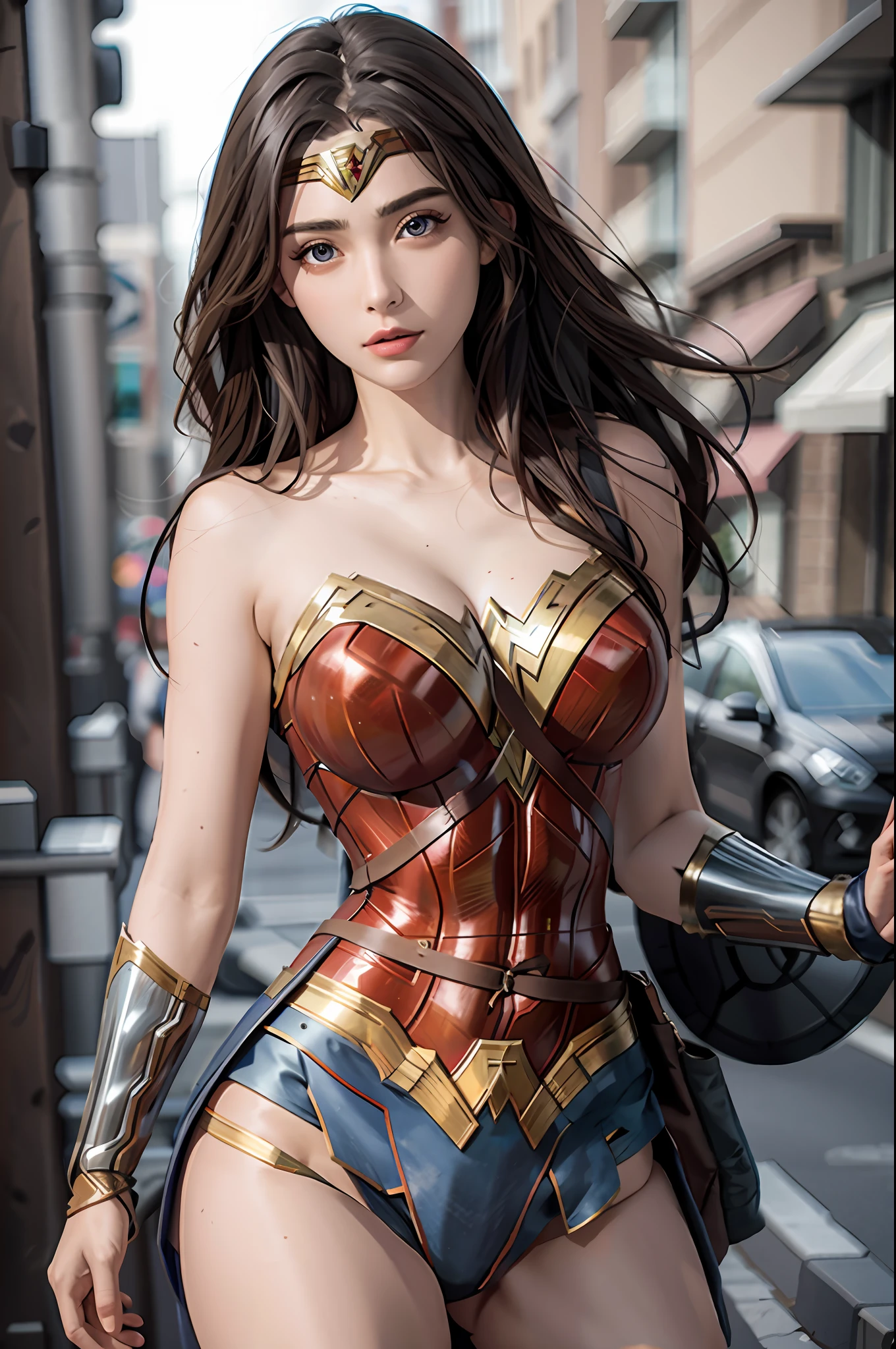 masterpiece, best quality, realistic, photograph, photorealism, hyper-detailed, perfect body, detailed eyes, beautiful girl, wonder woman, cosplay, sexy