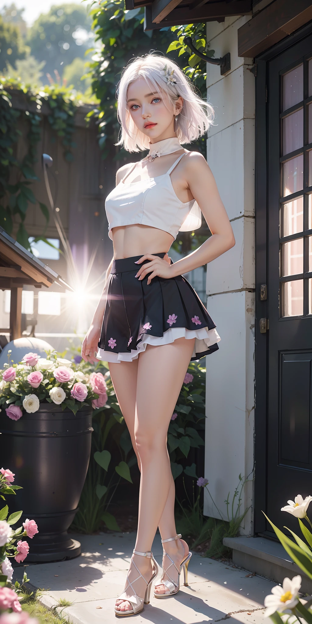 realistic, 1girl, white hair, purple eyes, glowing eyes, crop top, very short skirt, parted lips, blush, night, flowers, sun, sunlight, little girl, small breasts, long legs, high heels