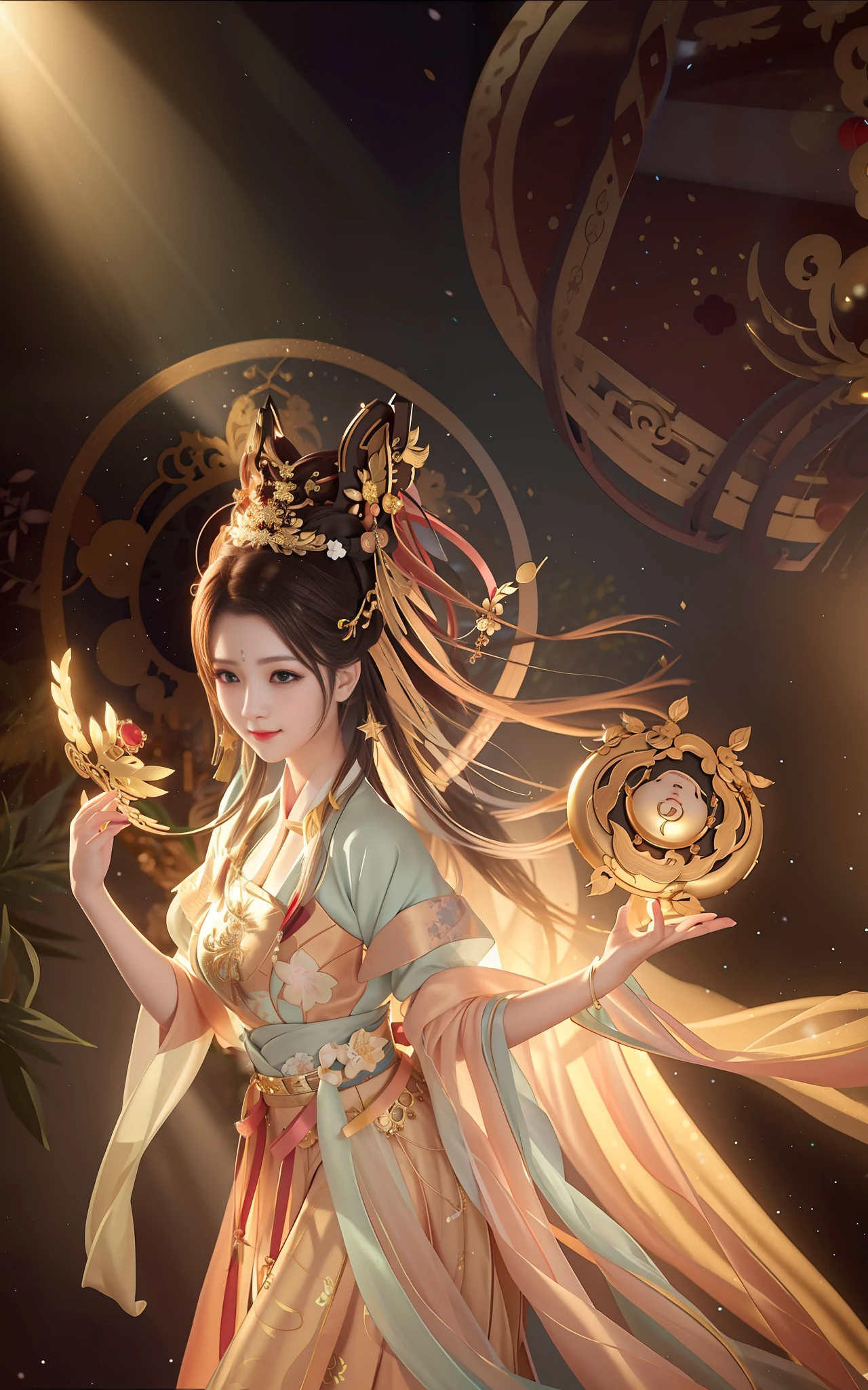 best quality, masterpiece, highres, 1girl,blush,(seductive smile:0.8),star-shaped pupils,china hanfu,hair ornament,necklace, jewelry,Beautiful face,upon_body, tyndall effect,photorealistic, dark studio, rim lighting, two tone lighting,(high detailed skin:1.2), 8k uhd, dslr, soft lighting, high quality, volumetric lighting, candid, Photograph, high resolution, 4k, 8k, Bokeh