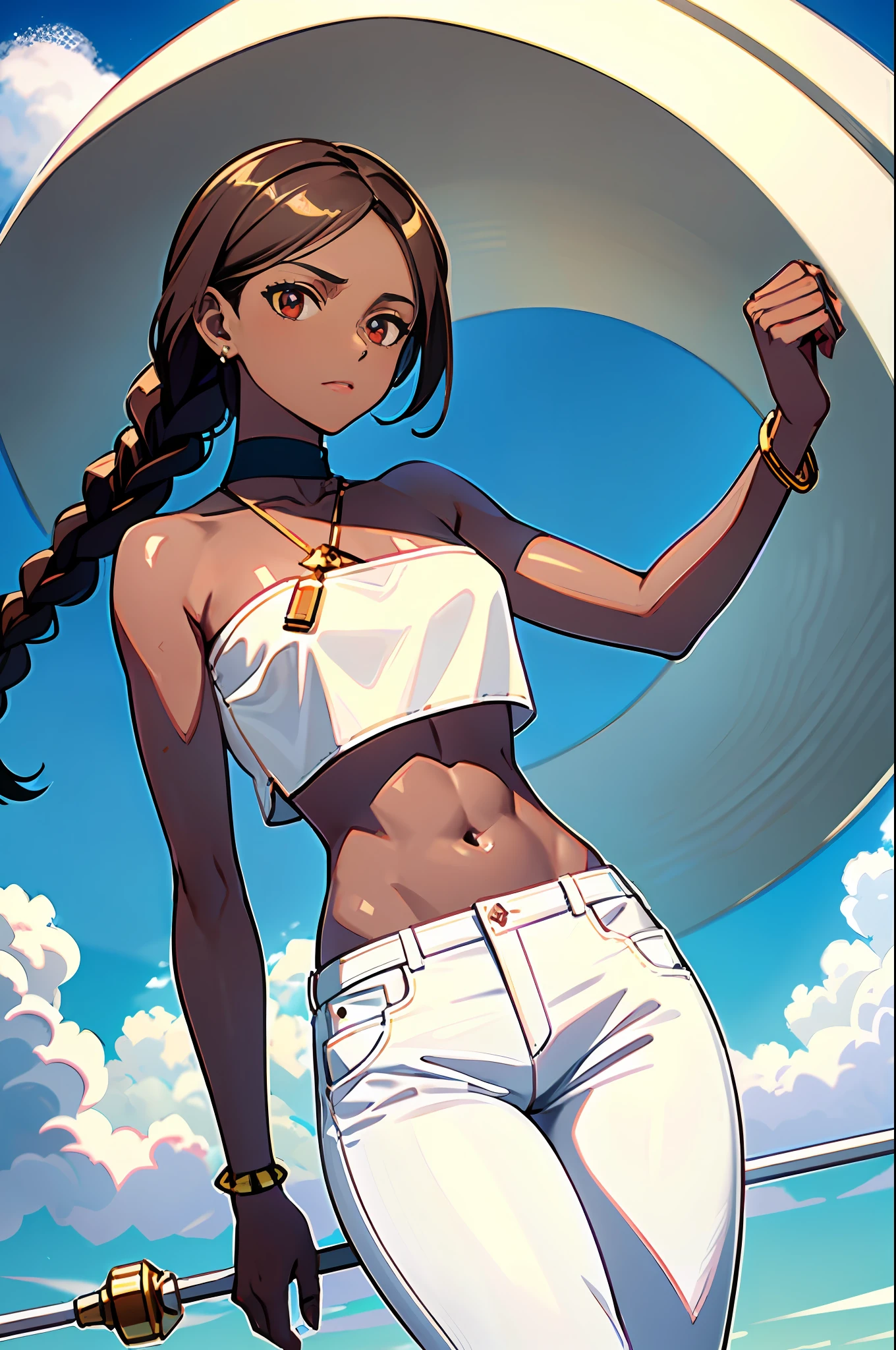 masterpiece, highly detailed, 1girl, mature body, (long braid:1.0), (brown hair:1.0), dark skin, silver bracelet:1.0), (white tube top:1.5), ((white skinny pants)), ((long cane)), red eyes, canyon, blue sky, cloud,
