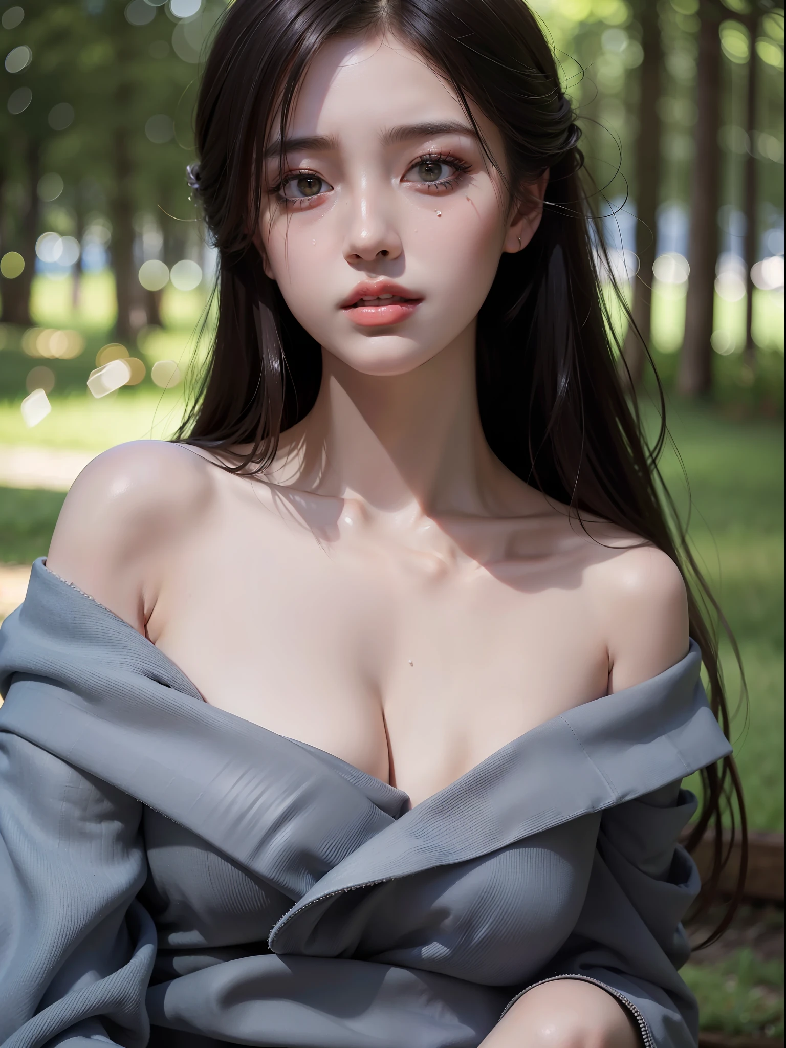 Top Quality, Masterpiece, Ultra High Resolution, (Photorealistic: 1.4), Raw Photo, 1 Girl, Off Shoulder, Darkness, Deep Shadows, Low Key, Cold Light, (Grabbing the Chest: 1.2), Crying Unbearable to Endure Suffering