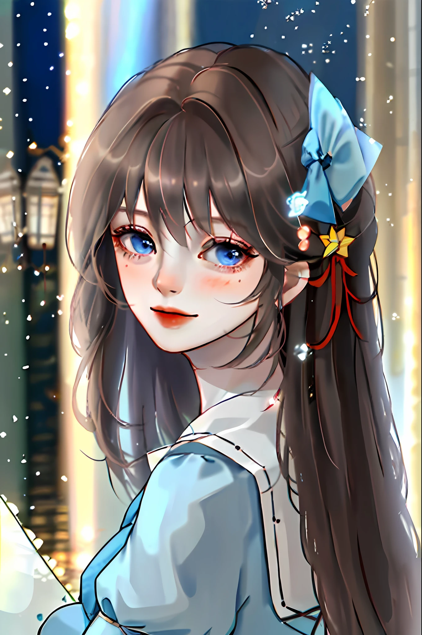 (extremely delicate and beautiful:1.2),1girl,fashi-girl, bangs, blue eyes, blurry, blurry background, bow, brown hair, closed mouth, from side, hair between eyes, hair bow, lantern, light particles, long sleeves, looking at viewer, medium hair, night, red bow, solo, star \(symbol\), upper body,smile,red lips