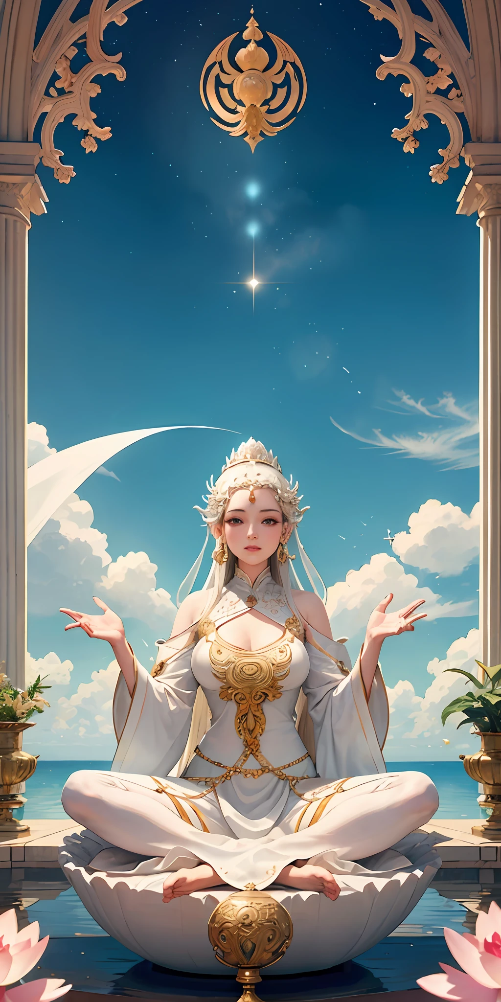 "Independent beauty, beautiful woman in white, gentle gaze, upper body, delicate and flawless, the picture is spotless". Avalokiteshvara, Avalokiteshvara sitting on a lotus platform, hands sealed, sexy, big breasted, low cut, holy, holy light, squinting, 8k, highest quality, super clear