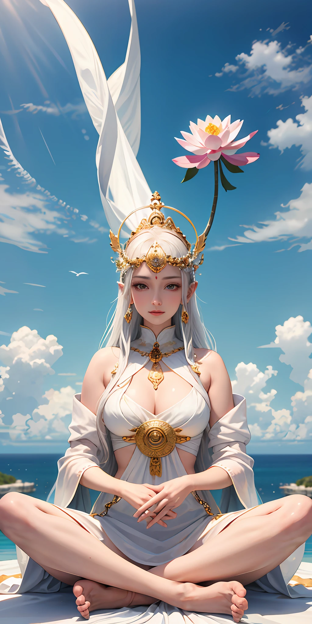 "Independent beauty, beautiful woman in white, gentle gaze, upper body, delicate and flawless, the picture is spotless". Avalokiteshvara, Avalokiteshvara sitting on a lotus platform, hands sealed, sexy, big breasted, low cut, holy, holy light, squinting, 8k, highest quality, super clear