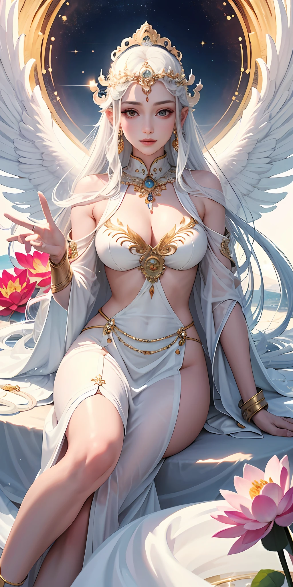 "Independent beauty, beautiful woman in white, gentle gaze, upper body, delicate and flawless, the picture is spotless". Avalokiteshvara, Avalokiteshvara sitting on a lotus platform, hands sealed, sexy, big breasted, low cut, holy, holy light, squinting, 8k, highest quality, super clear