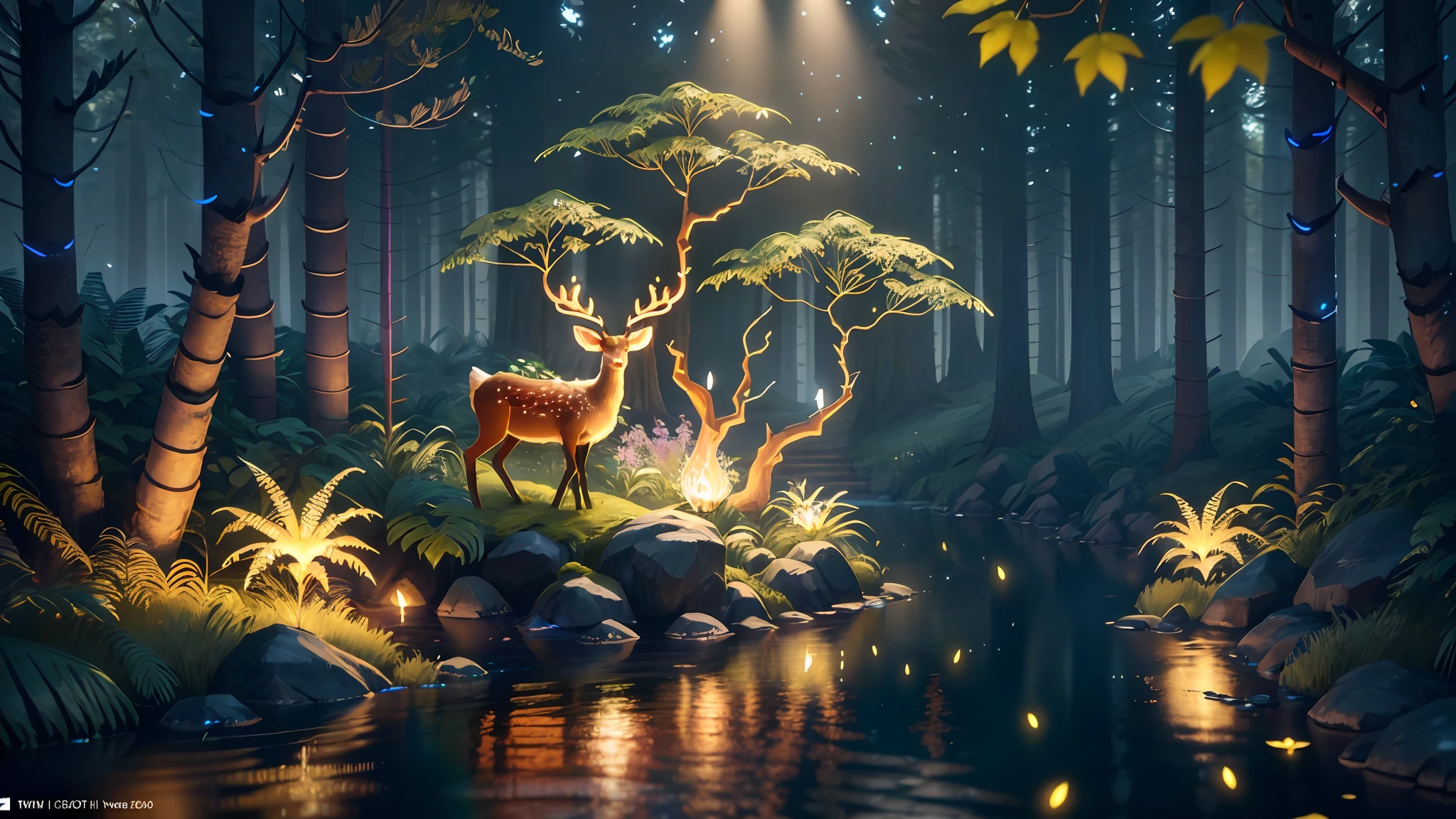 3D Render,realistic style,low poly style game design ,glow sprite, with a glowing deer, in a pool Drinking water, natural elements in the forest theme. Mysterious forest, beautiful forest, nature, surrounded by flowers, delicate leaves and branches surrounded by fireflies (natural elements), (jungle theme), (leaves), (twigs), (fireflies), (particle effects),Vray rendering,Art station, High quality, ultra-high definition details,concept design,cinematic light, very high definition, high details, 8k, hyper realistic, high detail,global illumination,realistic lighting,Unreal Engine rendering,Substance 3D, Octane rendering,