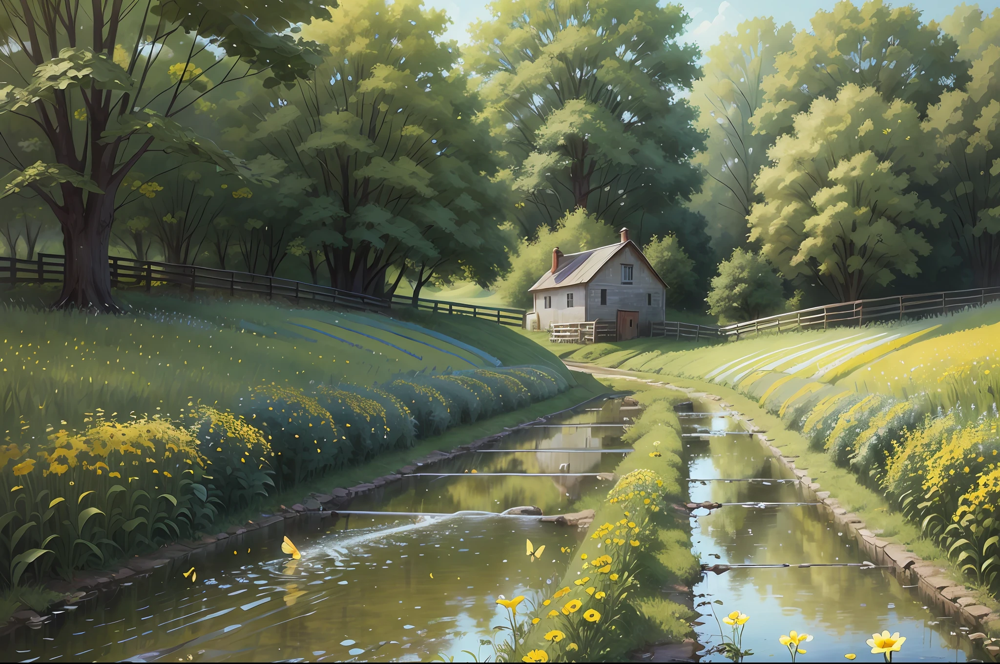 Little bridge flowing water, rural farmhouse, a catching butterflies in a rape flower field