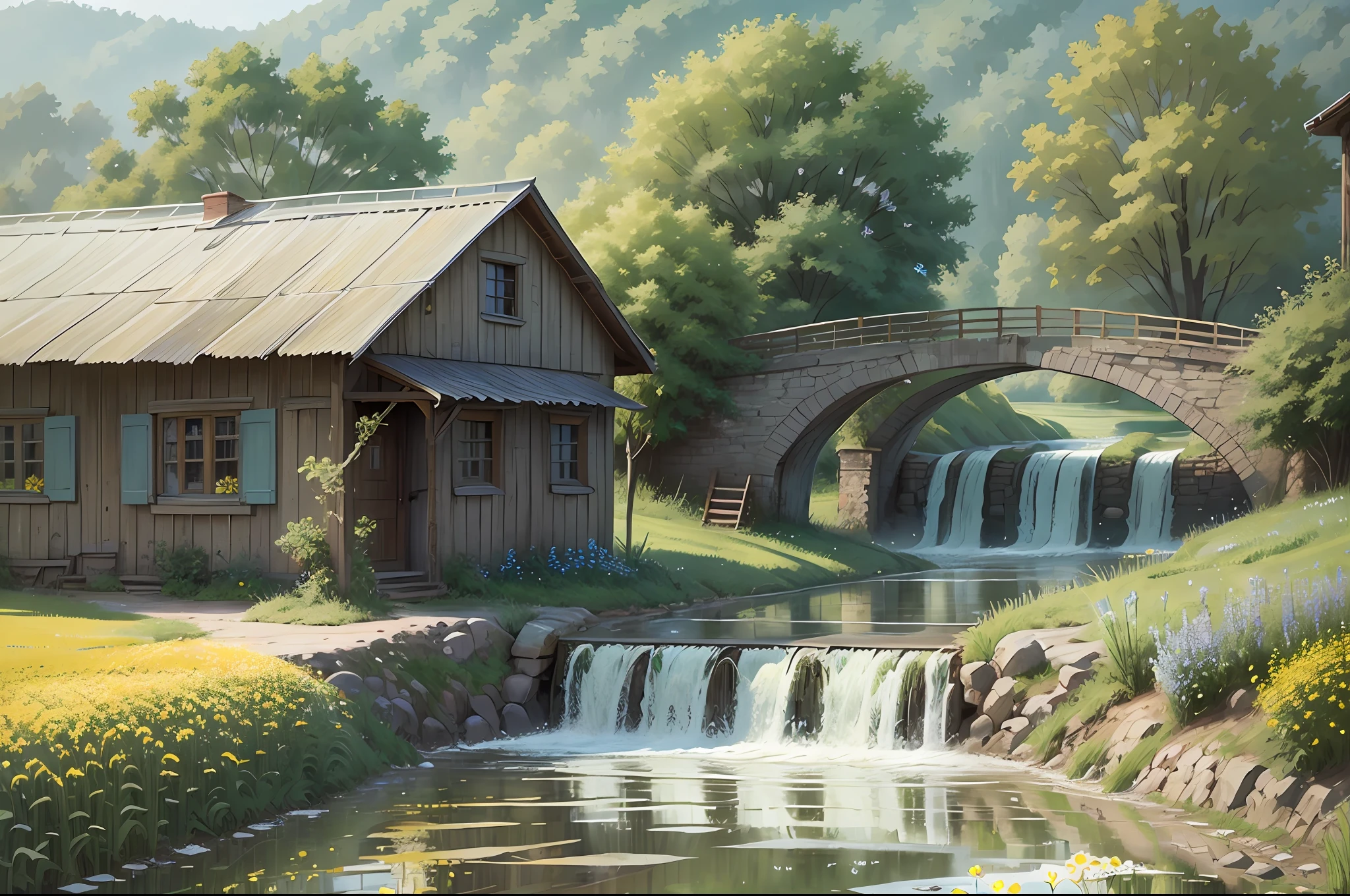 Little bridge flowing water, rural farmhouse, a catching butterflies in a rape flower field