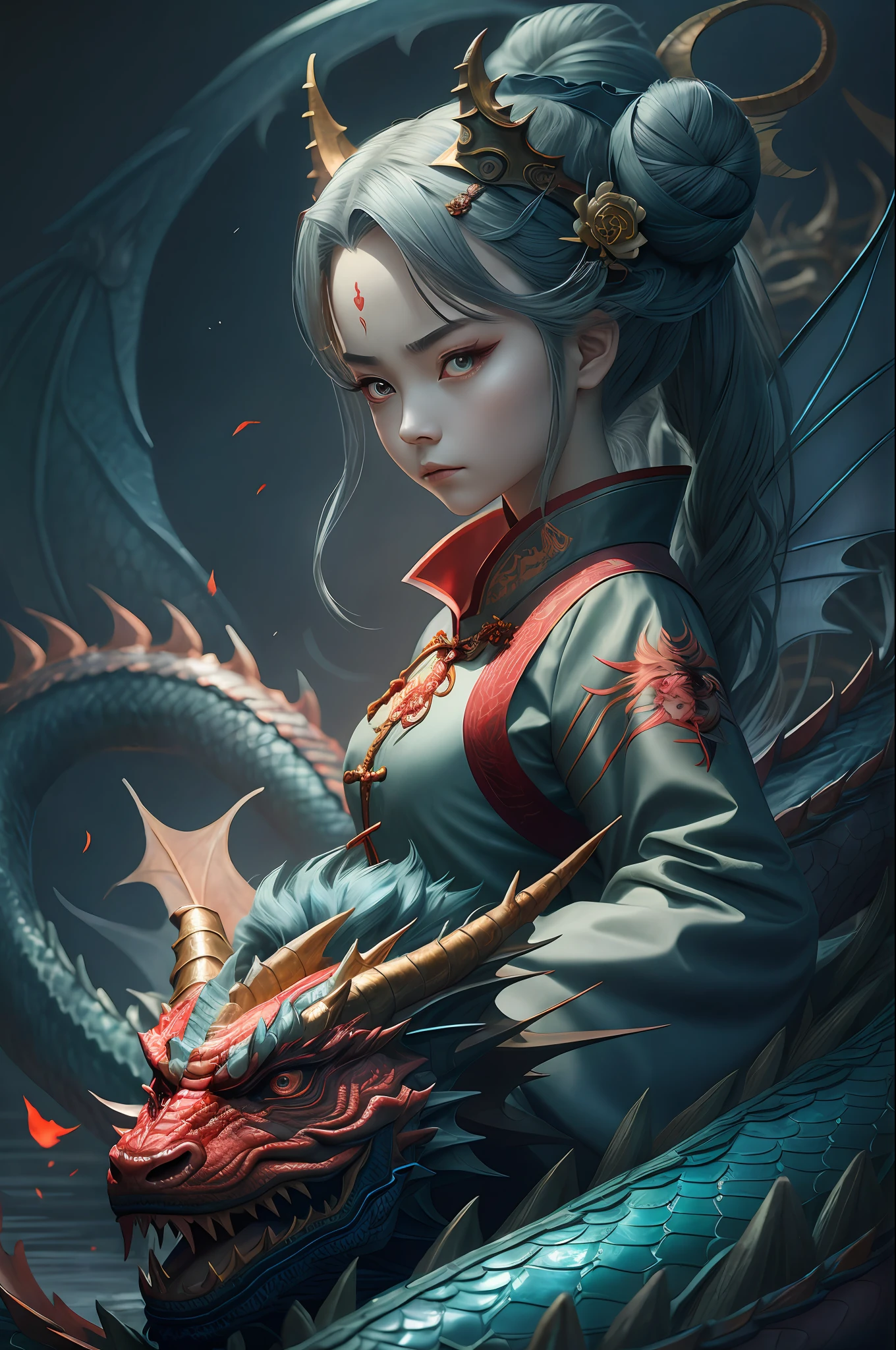 masterpiece, best quality,Chinese fairy, 1girl\(\) and iris red dragon, Chinese dragon pan glaring at girl, bun, dark gray background,