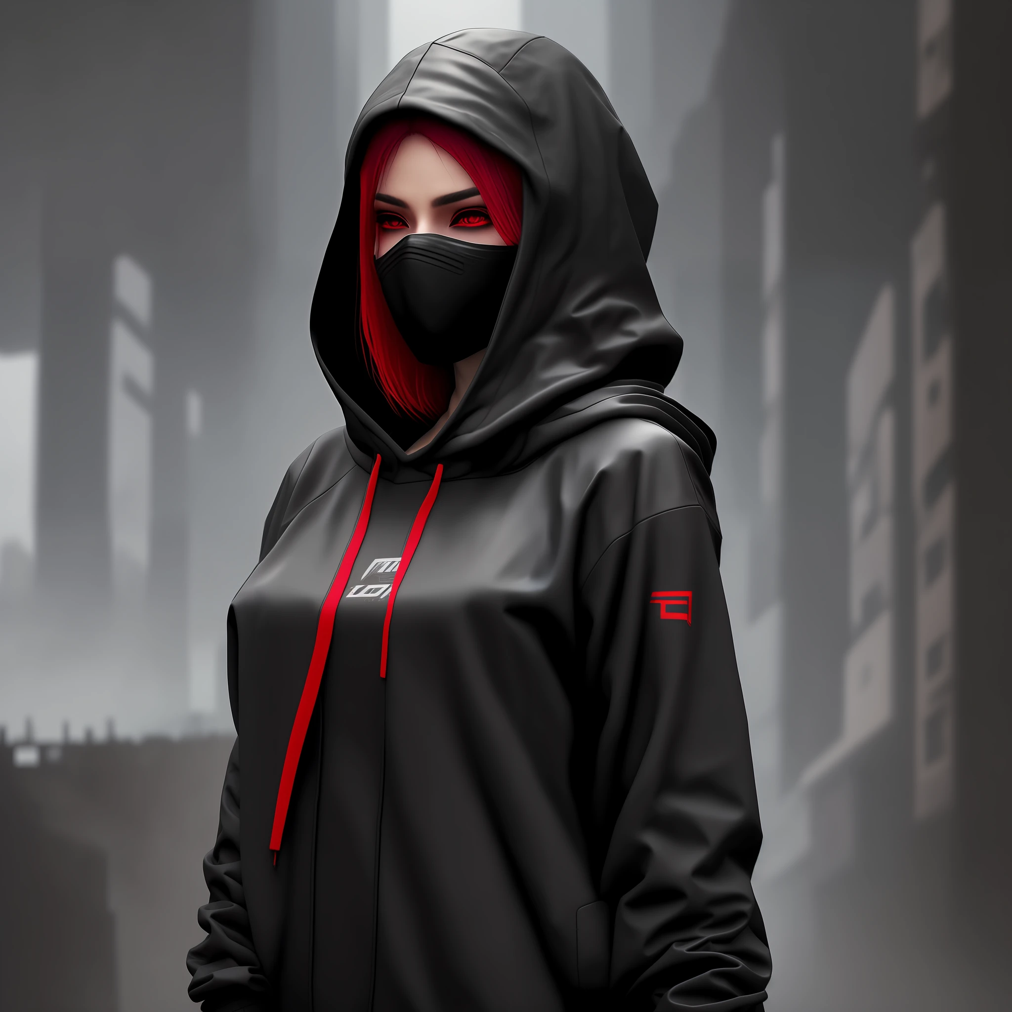 there is a woman in a black hoodie and a red hoodie, cyberpunk anime girl in hoodie, photograph of a techwear woman, the cyberpunk girl portrait, cyberpunk assassin, 3 d render character art 8 k, cyberpunk portrait, dark cyberpunk illustration, unreal 5. rpg portrait, techwear occultist, cyberpunk streetwear, darksynth character portrait, portrait of a cyberpunk cyborg